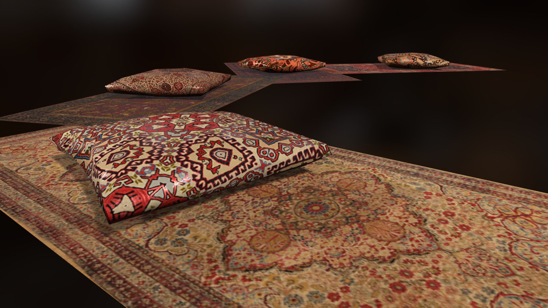 Some pillow and carpets for the Ottoman Table. Project for a Unity game.

I remade the model and textures after some time, making two materials instead of one, and working in total PBR.

March 2020 : Another edit was made. This time, I did propre 3D models, and still using the same public domain pictures, was able to do a more correct scene. Here : https://sketchfab.com/3d-models/ottoman-pillow-and-carpets-v2-58b855b5e2f34e42b9670e252c40c68a - Ottoman Pillow and Carpets - Download Free 3D model by gauvain_boiche 3d model