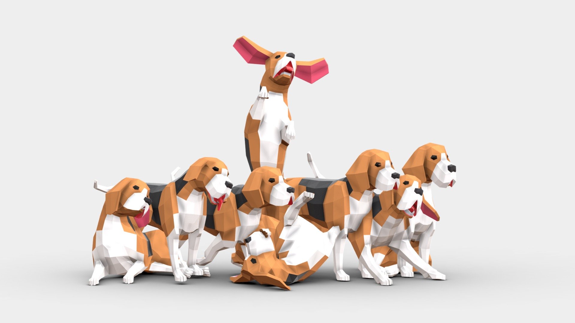 Low Poly Beagle Dogs
666 vertices / 647 Faces each

Includes the next files in OBJ, FBX, GLB and BLEND (Native):




The Base Mesh: A quad face based in static pose.

The Pack: A pack with 8 poses (Rest Pose + 7 different).

UV Layout: that applies to all of them.
 - Low Poly Beagle Dogs Pack - Buy Royalty Free 3D model by Studio Ochi (@studioochi) 3d model