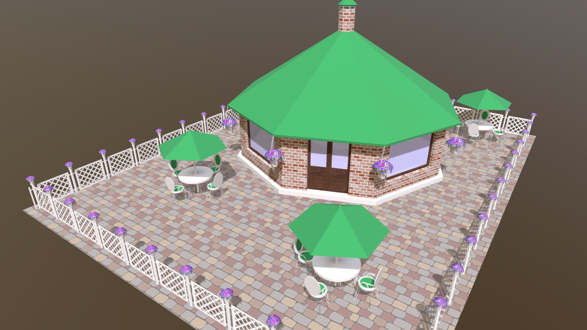 A small scene with several small objects: a summer caffee-shop, tables with umbrella, fences with flower pots. LowPoly. Textured.
Made by @yellika optimized by @Moora and me. Part of our Forest Riders driving simualtor game 3d model
