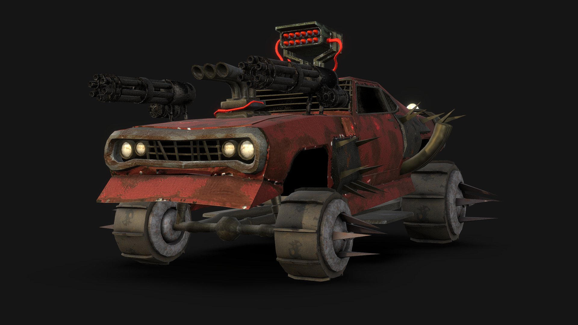 Vehicle designed for a team project based in a post apocalyptic world where vehicles are used as weapons to salvage resources from other bandit factions out in the wilderness.

The goal of the team project was to have a vehicle that collect resources in the map to unlock an exit. The obstacles were the environment design featuring hostile enemy towers that would shoot at you as well as npc enemies that would spawn periodically and chase you down 3d model