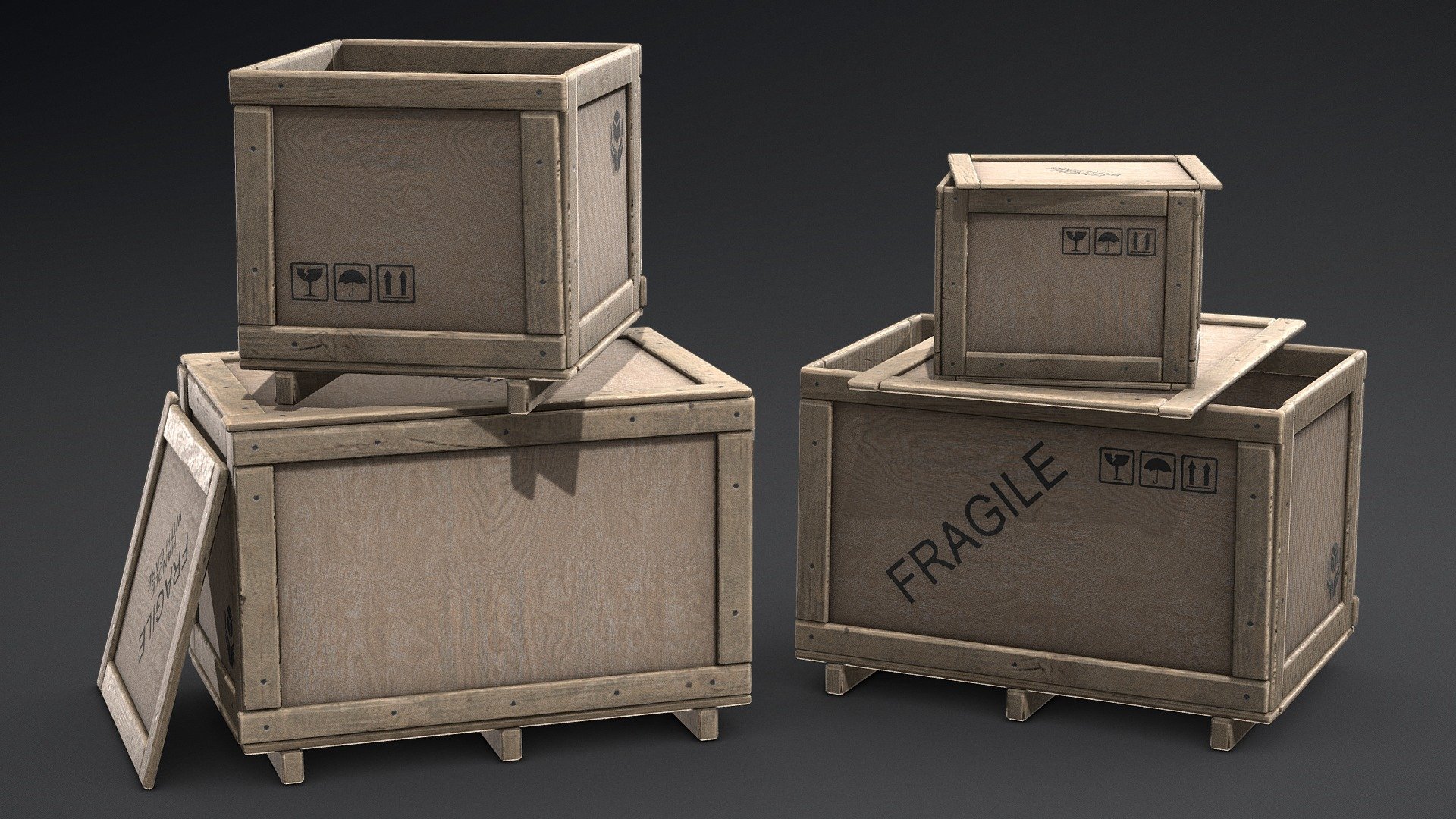 Plywood crates set!
Comes with Unity &amp; Unreal Engine textures!

Pack contains:

All crates use one wood material &amp; have separate material for stencils, which u can remove or make your custom designs!

Models - download additional files!




Small plywood crate low-poly file (.fbx, .obj) - 1100 tris only!

Medium plywood crate low-poly file (.fbx, .obj) - 1200 tris only!

Large plywood crate low-poly file (.fbx, .obj) - 1150 tris only!

Separated lid meshes for each crate low-poly file (.fbx, .obj)

Crate panels and planks prepared for bake high-poly file (.fbx, .obj)

Unity textures :




Albedo 2048x2048

Normal 2048x2048

Specular 2048x2048

Ambient Oclussion 2048x2048

UE4 textures :




Albedo 2048x2048

Normal 2048x2048

ORM (Oclussion, Roughness, Metalness - channel packed texture) 2048x2048



Feel free to contact me via PM. Happy shopping, .MG


VR / AR / Low-poly / Game ready / plywood /  wooden crate / container / box / shipping 3D model - Plywood crates set - PBR VR Game Ready - Buy Royalty Free 3D model by miloszgierczak 3d model