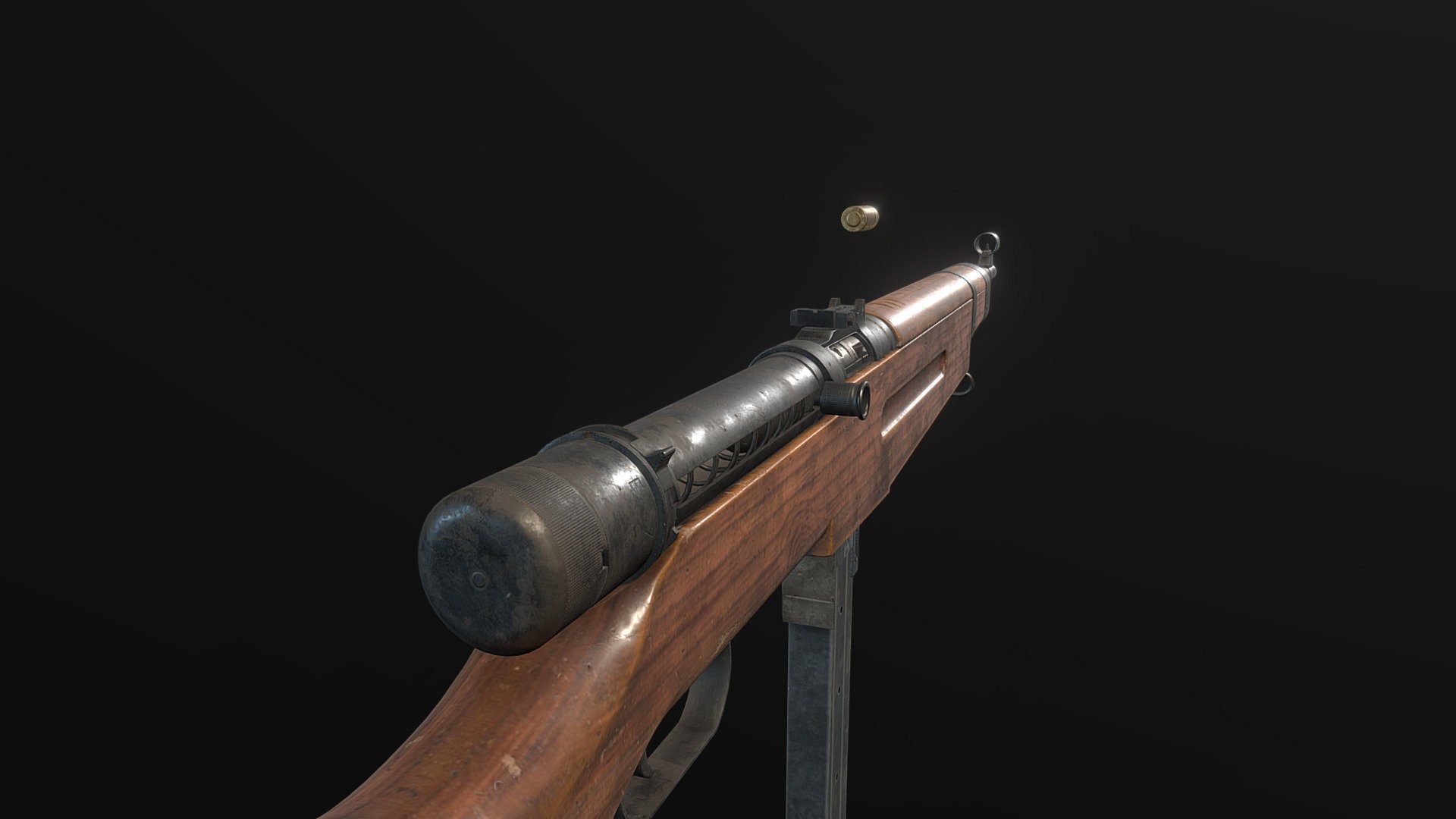 39M Danuvia low poly Hungarian submachine gun.
10k poly and one 4K PBR and one 2K PBR maps

The 9×25mm Danuvia submachine gun was designed by Hungarian engineer Pál Király in the late 1930s, and was produced by the titular Danuvia company. The guns were issued to Hungarian army troops in 1939 and remained in service throughout World War II and until the early 1950s. A total of roughly 8,000 were made between 1939 and 1945. The Danuvia was a large, sturdy weapon, similar to a carbine. Inspired by the SIG MKMS,[4] the Danuvia used the more powerful 9×25mm Mauser round, and incorporated lever-delayed blowback in order to better manage this high energy cartridge. The Danuvia's magazine can be folded forward into a recess in the stock where a plate then slides over it.[3] - 39M Danuvia - Buy Royalty Free 3D model by mastert 3d model
