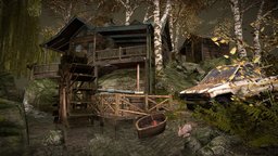 DAE Diorama dae, trees, forest, river, cabin, foliage, woods, bushes, ferns, house, car