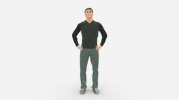 Man in brown black blouse hand on sides 0892 style, people, clothes, brown, miniatures, realistic, blouse, character, 3dprint, model, man, male, black