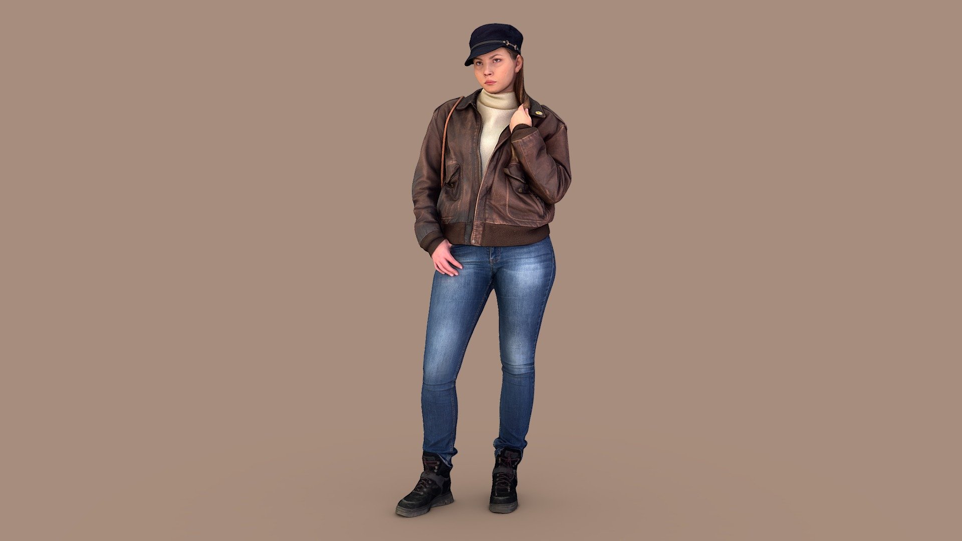 Follow us on Instagram ✌🏼

✉️ A young pretty girl of high stature and with wide hips looks accusingly forward at her interlocutor. She is wearing low-rise blue skinny jeans, a light-colored jumper, a retro brown leather jacket, a blue cap, and a small light brown shoulder bag.

🦾 This model will be an excellent mid-range participant. It does not need to be very close and try to see the details, it reveals and demonstrates its texture as much as possible in case of a certain distance from the foreground.

⚙️ Photorealistic Casual Character 3d model ready for Virtual Reality (VR), Augmented Reality (AR), games and other real-time apps. Suitable for the architectural visualization and another graphical projects. 50 000 polygons per model.

ACAK19 - Hello From the 90s - 3D model by kanistra 3d model