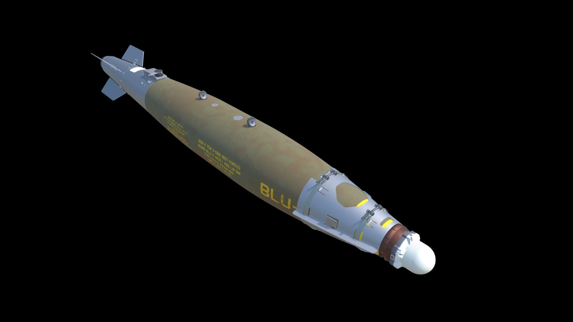 The designation GBU-38(V)/B was allocated to 500 lb class JDAM bombs with guidance kits from Boeing. At least two different types of warhead can be used with the 500 lb JDAM tailkits
•   MK 82: Standard 500 lb LDGP (Low-Drag General Purpose) bomb
•   BLU-111/B: Instead of the MK 82, the BLU-111/B warhead can also be used in the GBU-38/B series JDAMs. The BLU-111/B is externally identical to the MK 82, but uses the PBXN-109 thermally insensitive explosive - GBU-38 JDAM Bomb - 3D model by Edgar Brito (@e.brito) 3d model