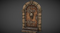 Medieval door with lynx door knocker medieval, lynx, knocker, medieval-door, door-knocker, wooden-door, door, stone-architecture