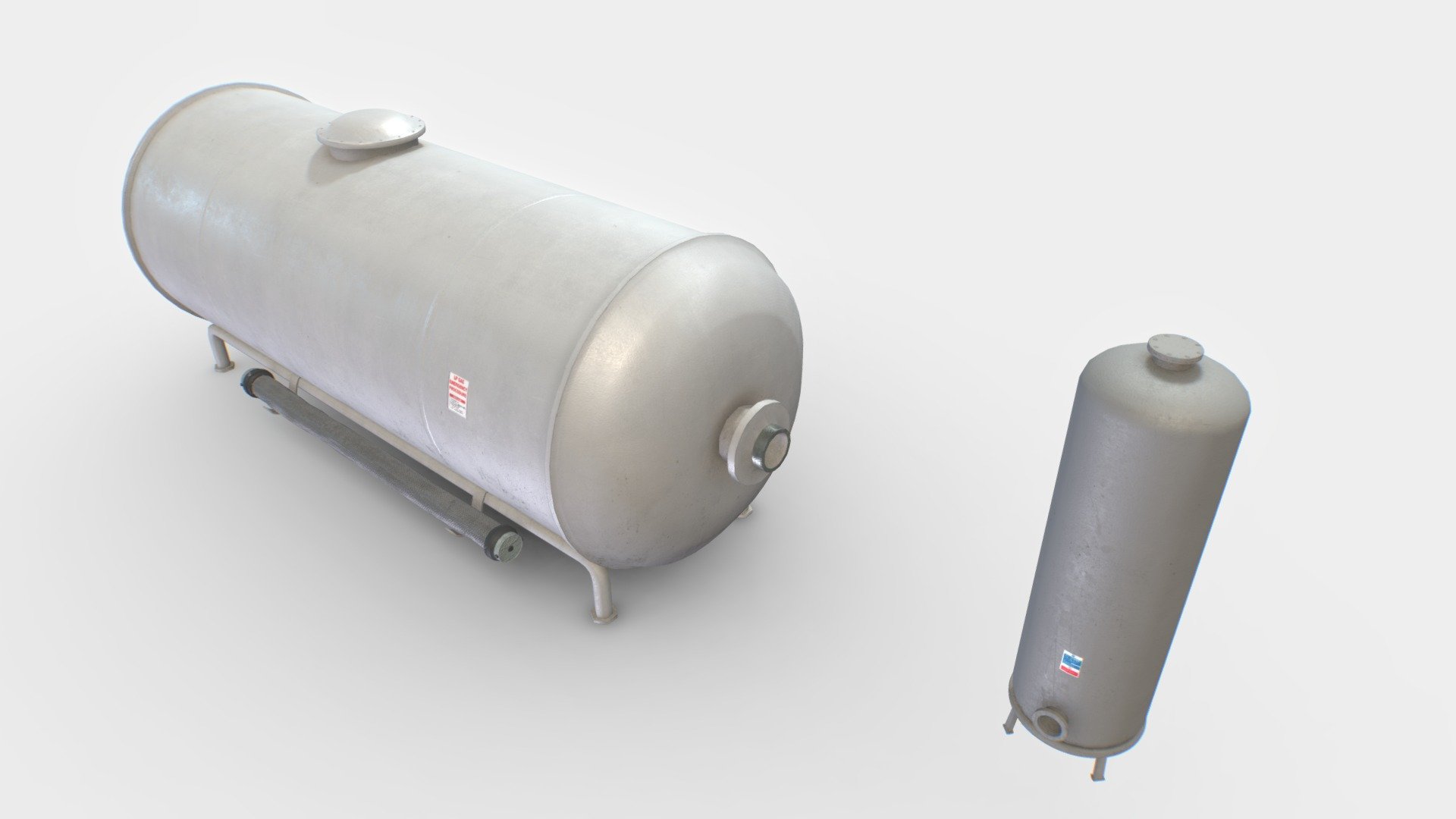 2 industrial tanks of different sizes based in real ones.

Comes with PBR 4096pix textures including Albedo, Normal, Roughness, Metalness, AO.

Suitable for factories, hangars, warehouses, etc..

Realistic scale. For exterior and interiors. Support legs and hose are separate objects in case you want to use the tank alone 3d model