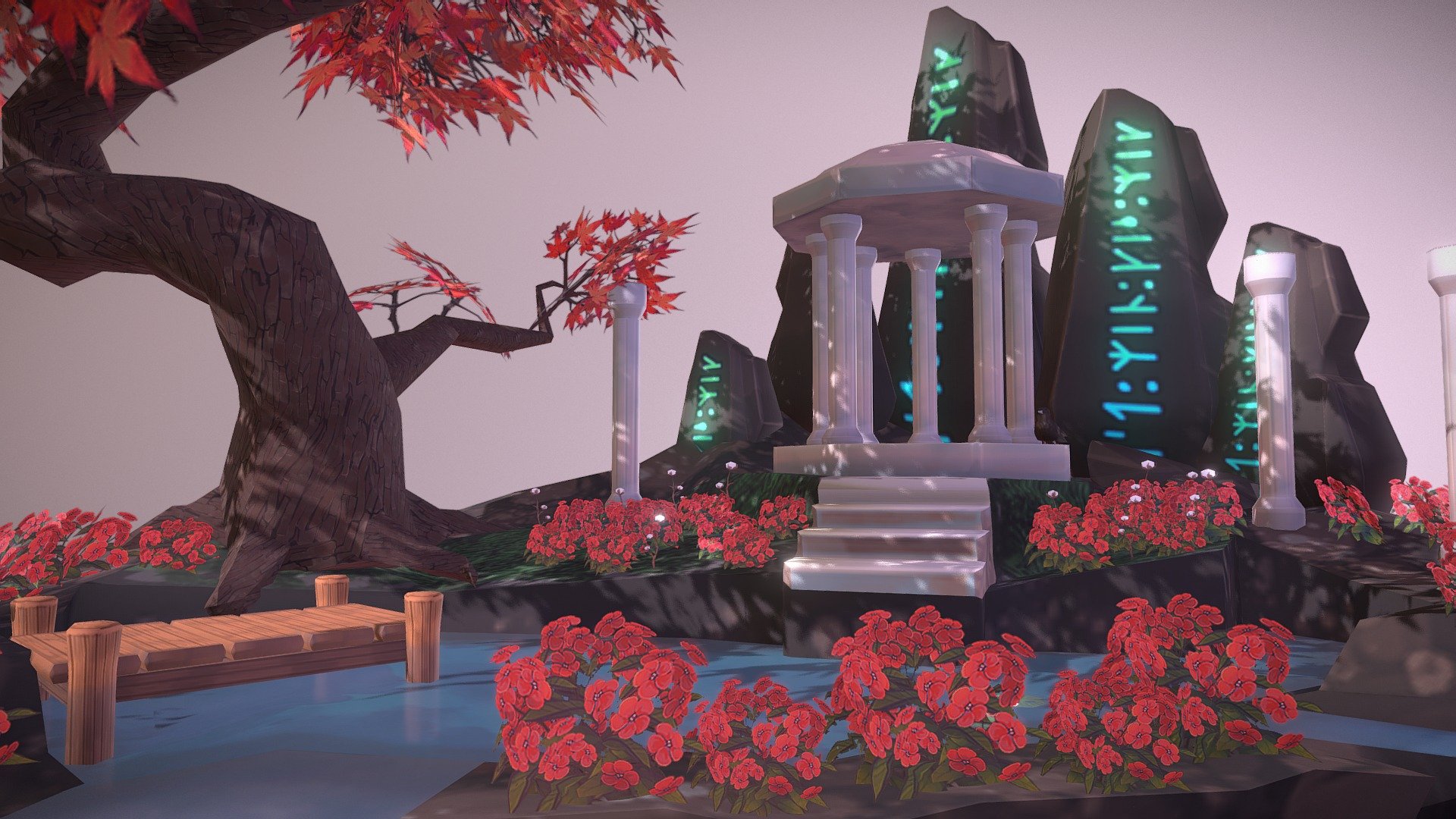 Second first year project for DMU! I wanted to try animating the water but quickly found out that it wouldn't work with the alphas put in place haha. The runes on the rocks say &lsquo;ost:min:kis:mik': &lsquo;my love, kiss me' to keep with the romantic setting! - Aqueduct Diorama - 3D model by Emmett Green (@emmettgreen) 3d model