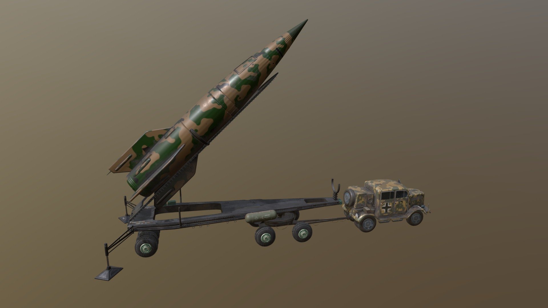 Opel Blitz V2 version + V2 rocket + ramp

Opel Blitz Special V2 rocket truck wooden cammo.

Game ready model for unreal, unity engine. For scenes, videos, games.
Wheels with origins for animations
2k PBR  textures in substance painter
gizmos ready

V2 rocket with ramp for Opel Blitz
plug and play
gizmos ready for animation
All handmade textures too Substance painter.
Easy to make own game 3d model