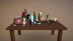 Low-poly Survival Pack compass, medkit, pack, can, candle, survival, ammo, flashlight, bandage, molotov, shovel, baseballbat, lightstick, low-poly, axe, bottle, ducktape