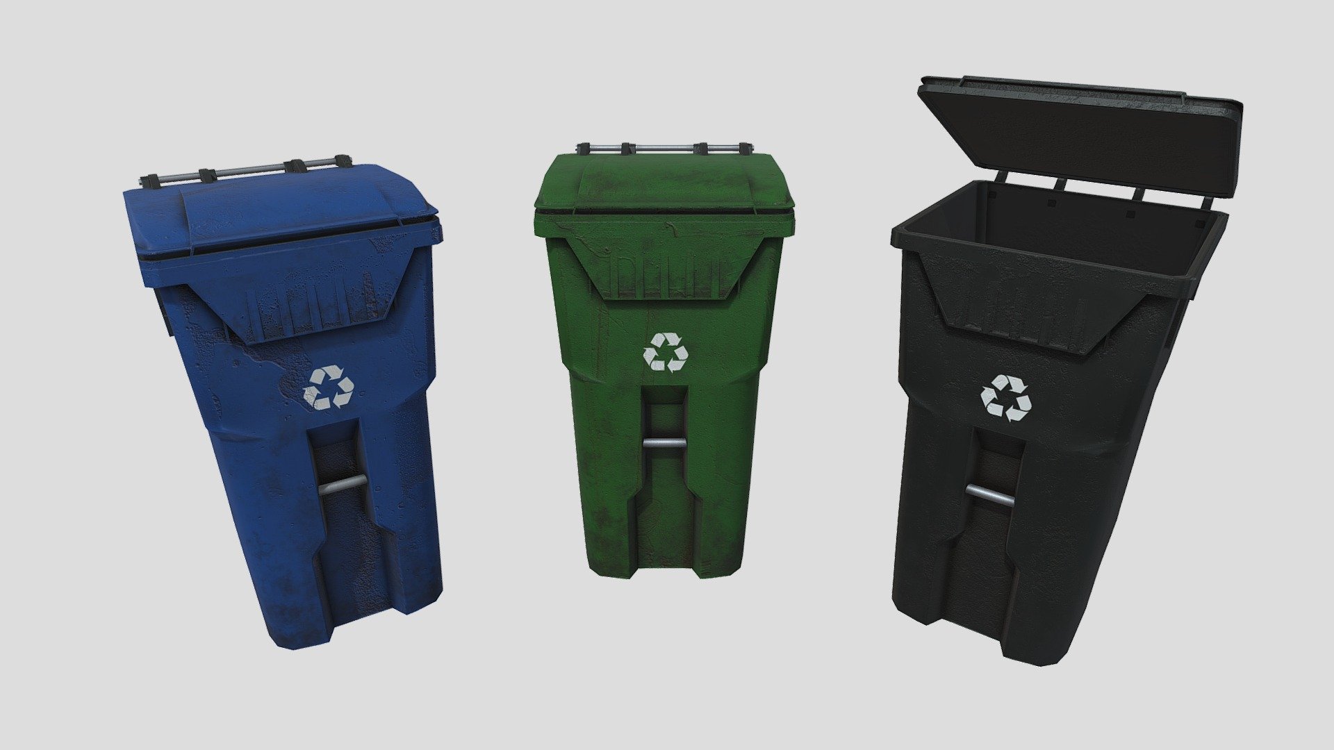 Low Poly Urban prop pack of game ready models with PBR textures.

Textures included: Albedo, Normals, Metalness, Roughness, AO

I used autodesk maya 2020 for madeling and substance painter for texturing.

Pack included:

Recycle_Bin: 3 different 2K textures.

Units : centimeter

These models can be used for any game, any project, etc. You may not resell any content
 - Recycle_bin - Buy Royalty Free 3D model by peyman.khaleghi 3d model
