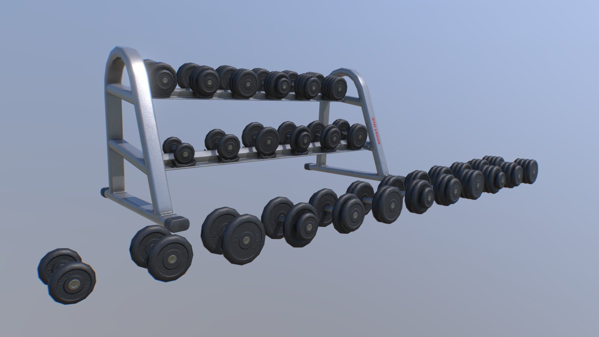 Low-poly PBR Dumbbell Rack and Dumbbell set intended for game/realtime/background use.
Model was not intended for subdivision. 



Createn in Maya18 and textured SP2 



Modeled in real-world scale - Meters



No special plug-ins necessary to use this product 



Quad/Tris only polygon - 9970 count 
All tris - 18084



Model is included in 1 file formats FBX



High quality 20482048(Rack) and 10241024(Dumbbell set) resolution PBR (metal roughness) textures in PNG:




Albedo;

Normal map;

Ambient oclusion;

Roughness;

Metallic.
 - Dumbbell Rack - Buy Royalty Free 3D model by en3my71 3d model