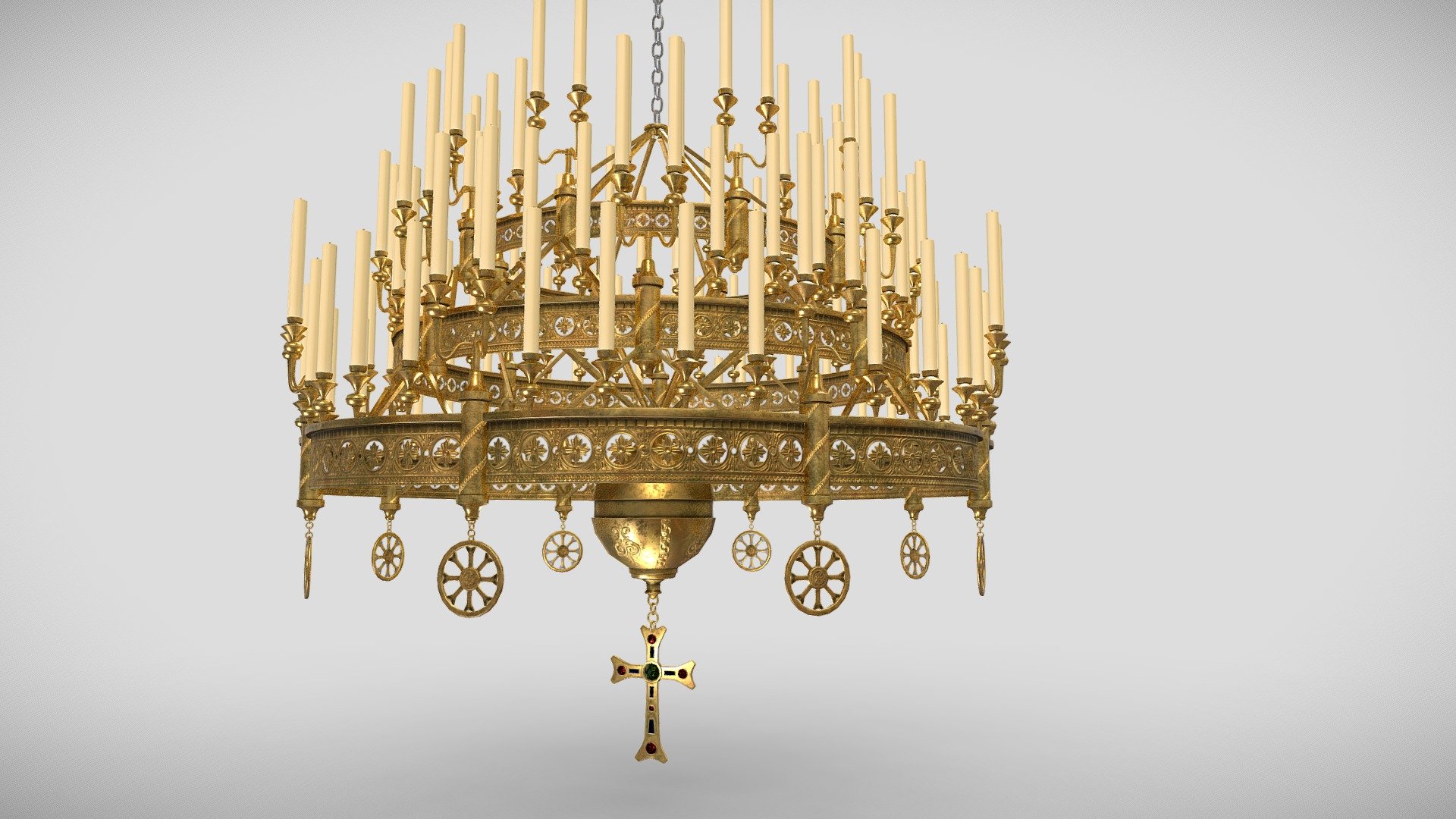 Decorated Victorian chandelier with a Christian cross as the central symbol. As material we chose gold and precious stones to decorate the cross. The candles are then surprisingly made of wax. There are also two types of candles, the first with brand new unused candles and the second with partially burned candles. The chandelier is hung on a long chain finished with a hanging fixture. The model is designed for large spaces such as a cathedral or basilica nave or a large hall. Models have LODs and custom coliders for easy use as game props. Packed Ambient oclusion(R), roughness(G) and metalic(B) and unreal engine 4 project is also included 3d model