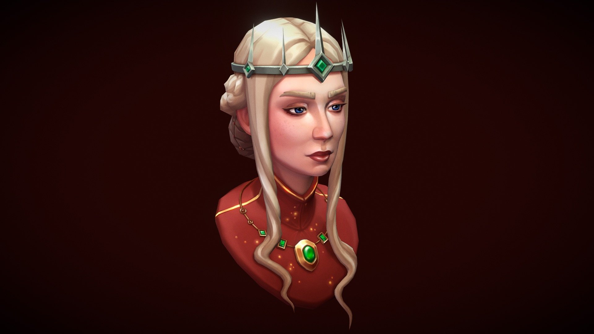 This princess portrait was created by me as part of a personal practice. I started by making a highpoly sculpt in Zbrush, then retopologized in Blender. For texturing, I decided to do a hand-painted texture in Blender 3d model