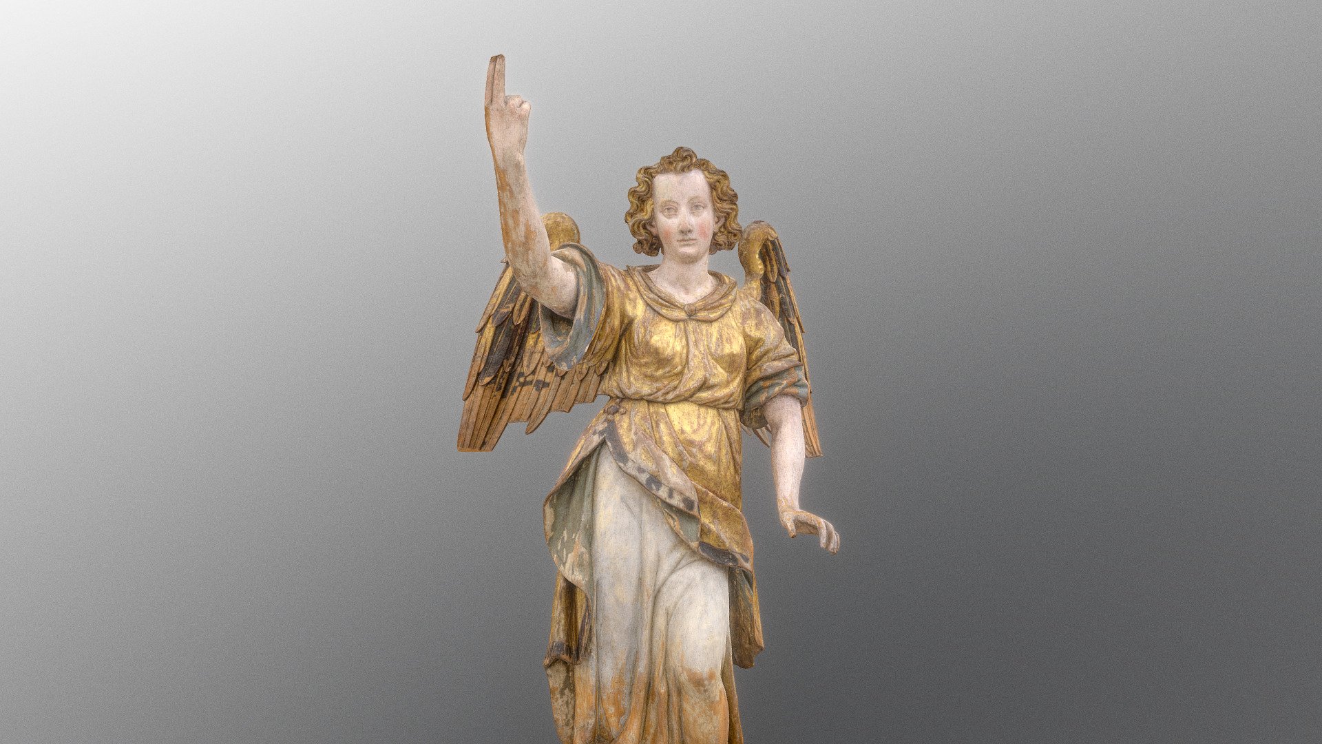 Renaissance angel church wooden wood carving statue sculpture, dated 1604 - unidentified (german) artist, with polychrome golden coating, antique museum item, originally placed underneath pulpit stand of Krasne Brezno church, Czechia - now located in municipal museum

Remastered version of 2020 scan - https://skfb.ly/6ROTE

Church virtual tour: https://www.kostel-krasnebrezno.cz
Model Commissioned by the Municipal Museum of Ústí nad Labem

NIRA app viewver test: https://pavelmatousek.nira.app/a/SvlNbqTATuiAfp2VGjOnCw/1 

photogrammetry scan (220 x 24MP, 4x8K textures) , photos by Pavel Matoušek + Aleš Bárta - Rennaisance church angel statue - 3D model by matousekfoto 3d model