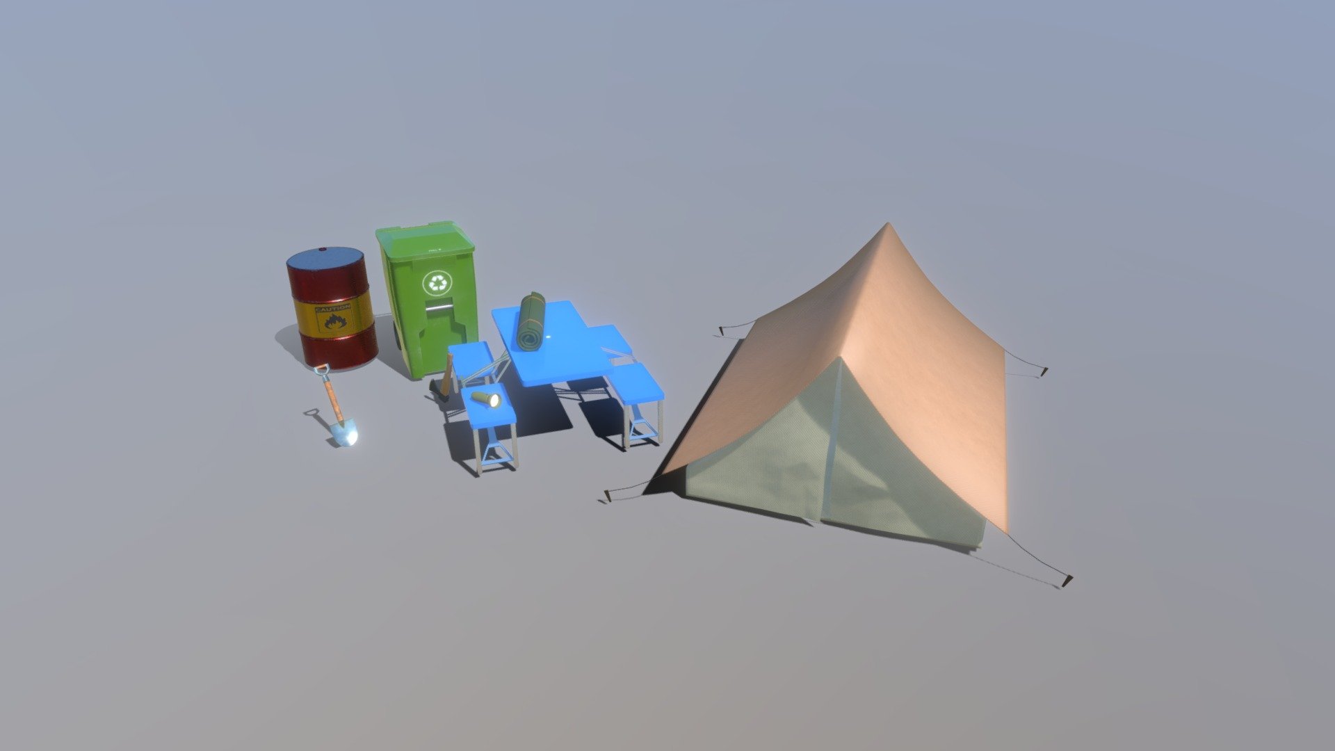 Outdoor assets - 8 pack


Tent
Garbage container
Gas drum
Folding table
Axe
Shovel
Rolled sleeping mattress
Flashlight

High quality textures, 2K resolution, PNG format.
Included maps:
Base color (easy color customization for all objects);
Height/Bump;
Normal;
Roughness;
Metalness;

Low-poly/game-ready - Outdoor Props - 8 pack - Buy Royalty Free 3D model by mazormedia 3d model