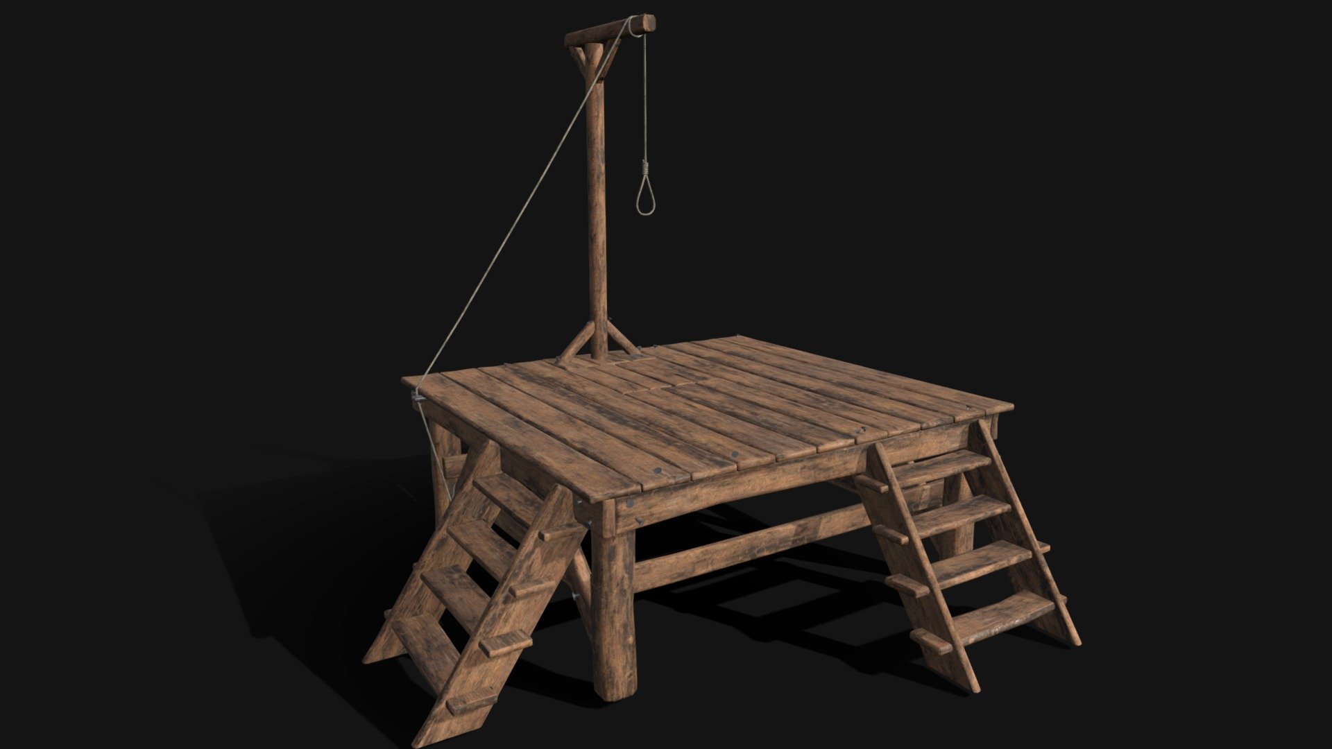 Gallow And Execution Platform 3D Model. This model contains the Gallow And Execution Platform itself 

All modeled in Maya, textured with Substance Painter.

The model was built to scale and is UV unwrapped properly

⦁   33552 tris. 

⦁   Contains: .FBX .OBJ and .DAE

⦁   Model has clean topology. No Ngons.

⦁   Built to scale

⦁   Unwrapped UV Map

⦁   4K Texture set

⦁   High quality details

⦁   Based on real life references

⦁   Renders done in Marmoset Toolbag

Polycount: 

Verts 17284

Edges 34452

Faces 17303

Tris 33552 

If you have any questions please feel free to ask me 3d model