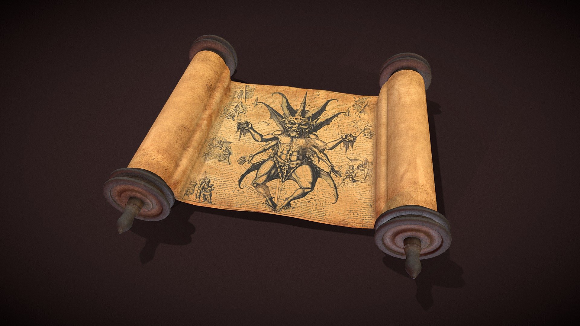 A scroll with a picture of a demon, suggesting someone is delving into demonolgy.  Handy prop for any sort of horror scene.

PBR texures @4k - Demon scroll - Download Free 3D model by Sousinho 3d model