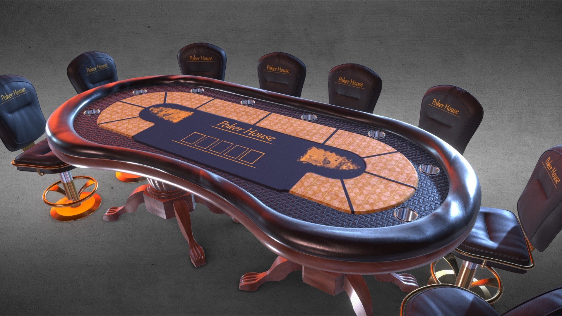 In this type of tables up to 8 players can be located. Due to their larger size, these types of tables are used for tournaments.

-LOW POLY It contains a .rar with the asset in .fbx format, with 2 material and textures in x2048 .jpg - Color - Metalic - Normal map - Roughness - Specular.

-Number of vertices 62,290.

-Real world scaled model.

-Ready for game or stage adornment 3d model