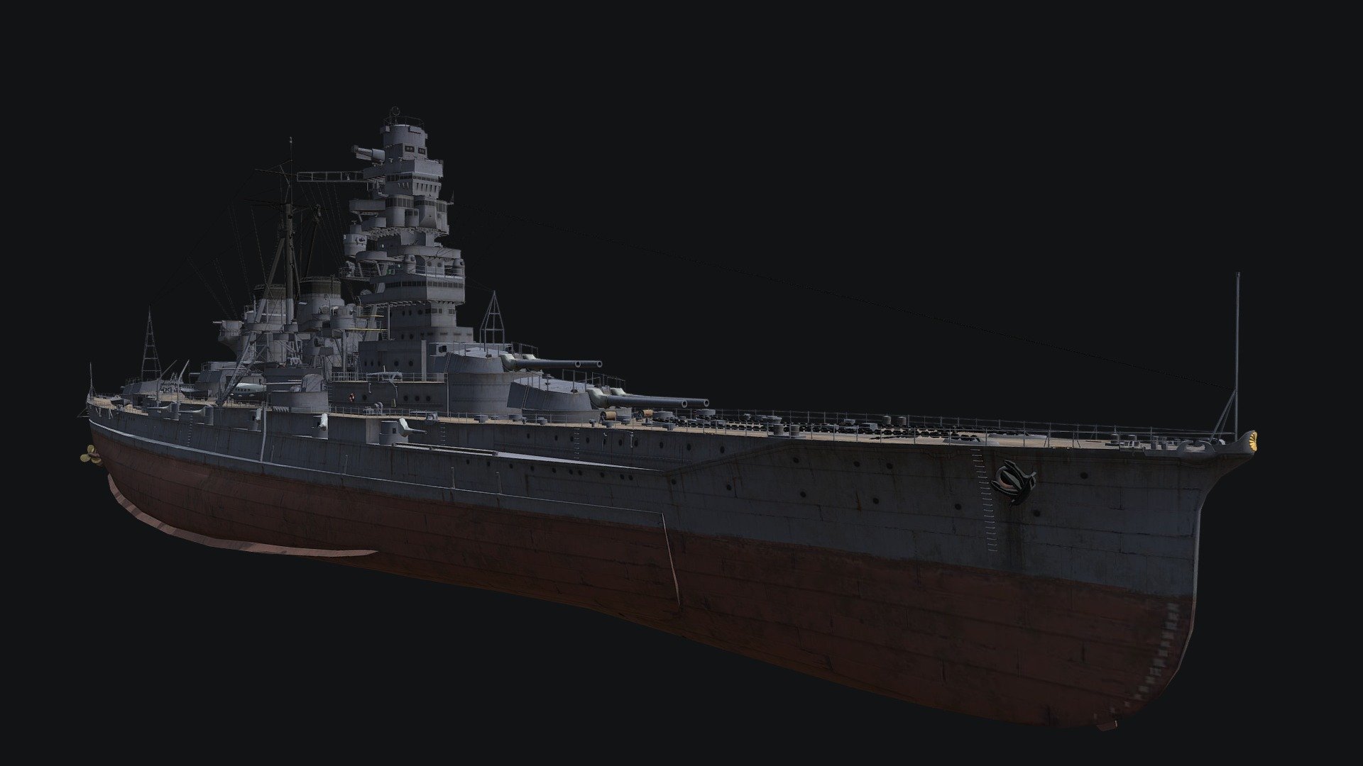 This model was developed by Wargaming for their popular game ‘World of Warships’. Play World of Warships now to send these ships into battle!

Use the following link to start playing!

https://worldofwarships.com/

Kongō — Japanese Tier V battleship.

When she was commissioned, Kongo was the most advanced battlecruiser in the world. She was the first among battlecruisers and battleships to be equipped with 356 mm main battery guns. Unlike previous Japanese dreadnoughts, Kongo received a thinner armor belt while her deck armor and torpedo protection were reinforced 3d model