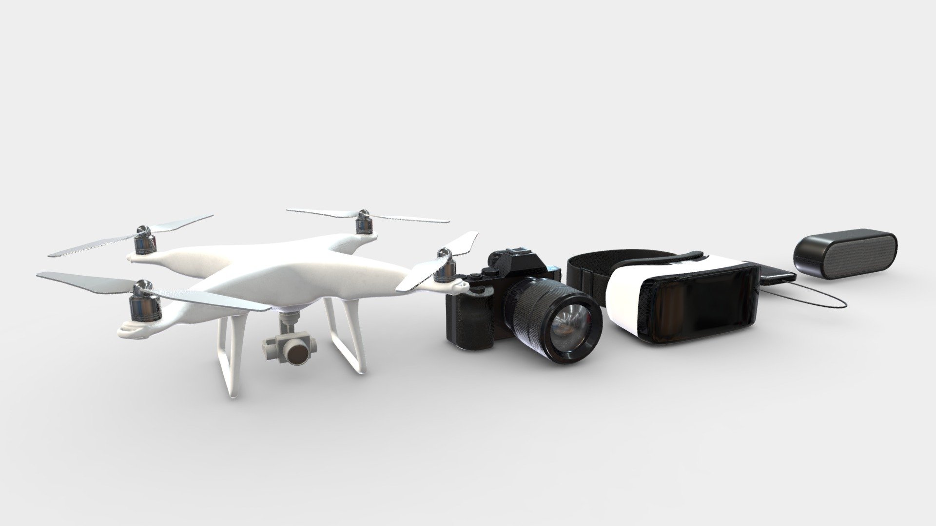 Generic branding technology pack! Includes the following models (also available separately) :

Drone 
DSLR Digital Camera
Mobile VR Headset
Mobile Harddrive
Bluetooth Wireless Speaker

Non-branded generic models means these can be used freely without licensing issues 3d model