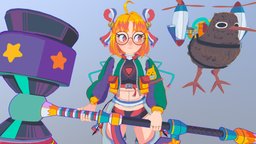Taffy & Kiwi fanart, minion, hammer, stylised, cyborg, animegirl, kiwibird, character, girl, 3d, animation, cyborg-girl