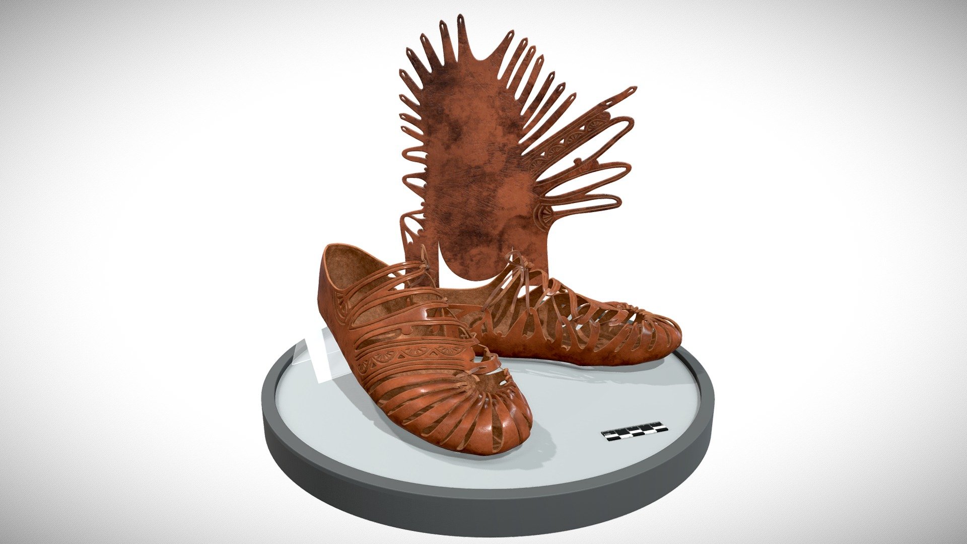 The 3D model presents a digital reconstruction of a pair of shoes dating to the 3rd century AD. The reconstructed shoes were found on the feet of a male bog body at Obenaltendorf in Germany. The shoes are of a carbatina type, meaning that they are made from one piece of leather. This piece is sewn shut at the back to form a heel. The shoes are worn by inserting a lace through the tabs that can be tightened and closed. The reconstruction was made by using original cutting pattern provided by Martin Moser (https://www.pinterest.ru/martinmoser/). The piece of hide was wrapped around the foot in Clo3D software, textured in Substance Painter and post-processed in 3dsMax.

The authors are
Martijn A. Wijnhoven https://vu-nl.academia.edu/MartijnAWijnhoven

(VU University Amsterdam)

Aleksei Moskvin https://independent.academia.edu/AlekseiMoskvin

and

Mariia Moskvina https://independent.academia.edu/MariiaMoskvina

(Saint Petersburg State University of Industrial Technologies and Design) - Obenaltendorf shoes - a digital reconstruction - Download Free 3D model by Martijn A. Wijnhoven (@Martijn-A-Wijnhoven) 3d model