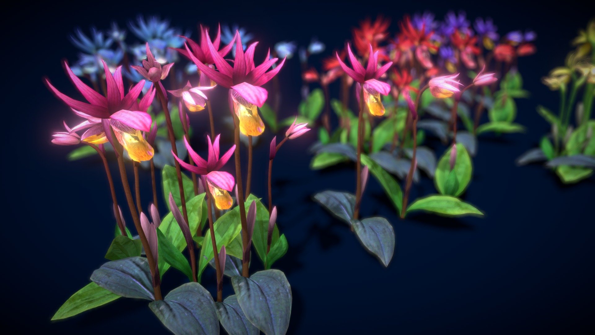 HIGH QUALITY Flower optimized for Unity game engine! 
Mobile Optimize Scene This is model 3D Flower Calypso Bulbosa in the Big Pack (Cartoon Flower Colections) with over 5 types color!
All objects are ready to use in your visualizations. 
-1024x1024, texture maps
-Poly Count : Average 20556polys /20353 verts/38097 Tris - Flower Calypso Bulbosa - Buy Royalty Free 3D model by vustudios 3d model