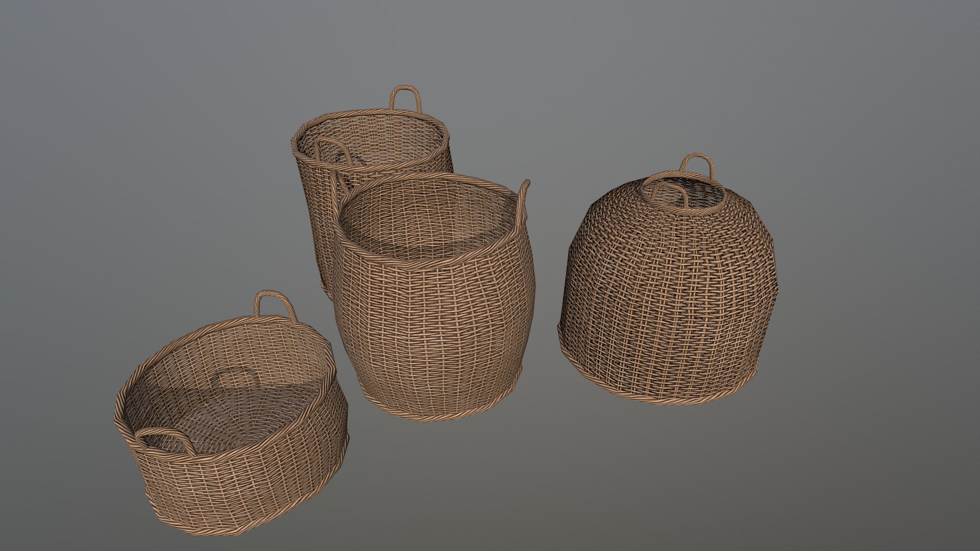 Wicker Basket Pack contains three seamless texture pack and 4 basket meshes 3d model