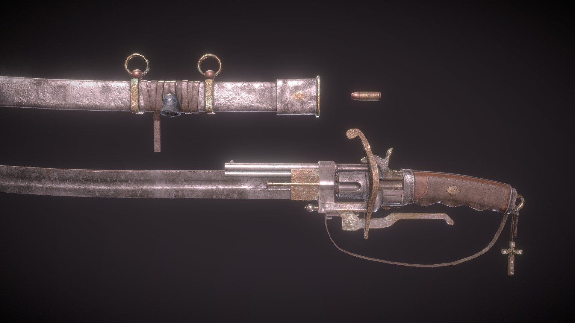 Based off 19th century military swords which combined a revolver with a sword. 

Made as a personal project, 2023.

Created using Maya and Substance Painter.

Available for download 3d model