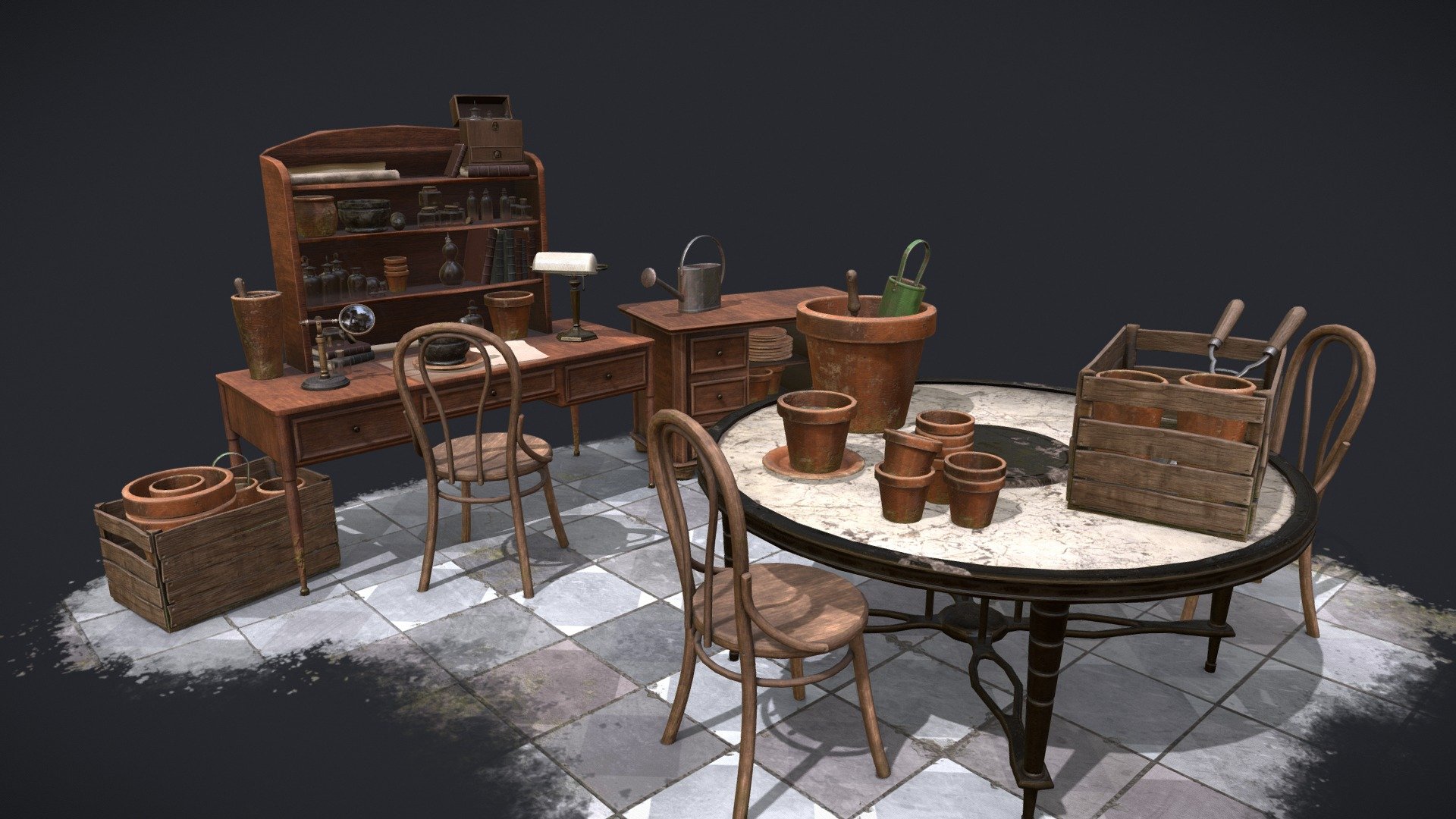 Here's an apothecary desk scene with many props, with high poly baked and textures made in Substance Painter. There's a lots of duplicated item but I wanted to build a little scene without to many various objects. There's also problems with transparency due to Skecthfab's limitations 3d model