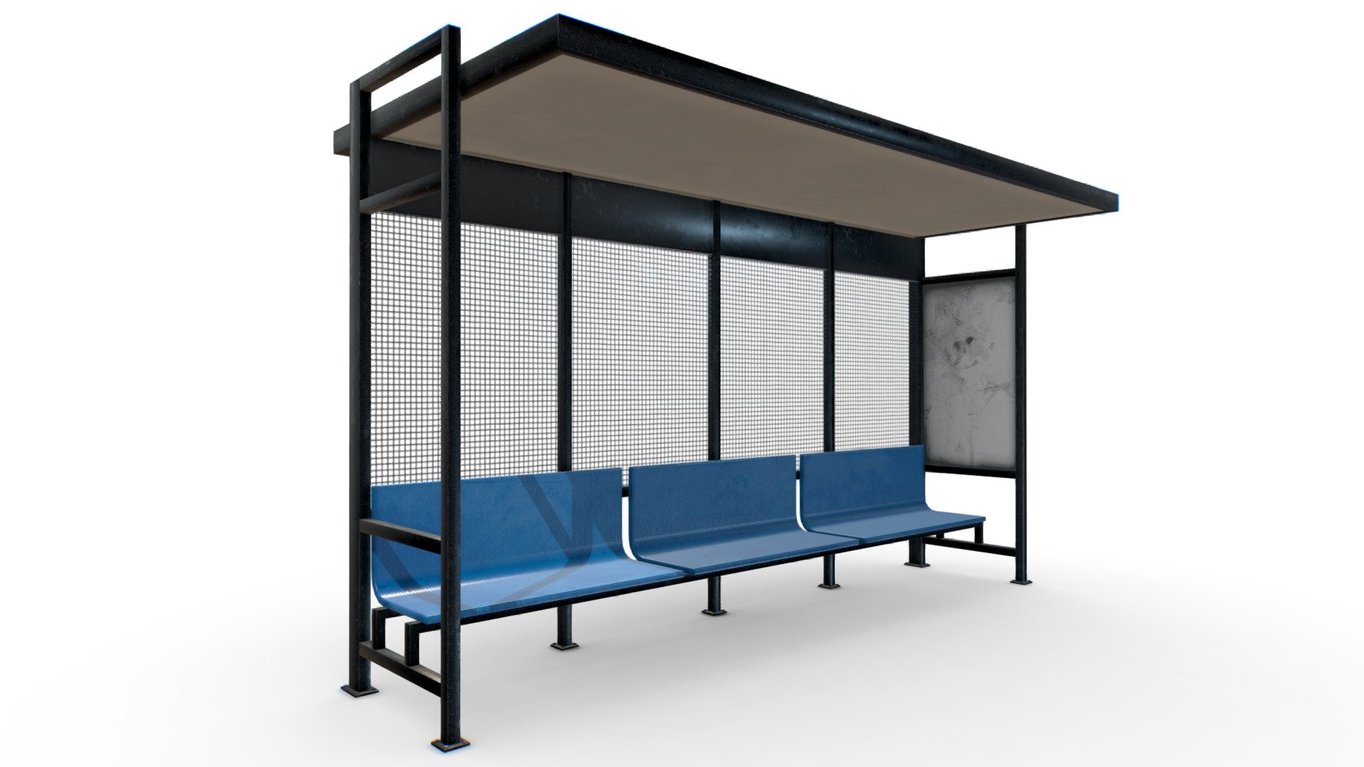 Bus stop structured in metallic bars with textured plastic seats aged by time and use 3d model