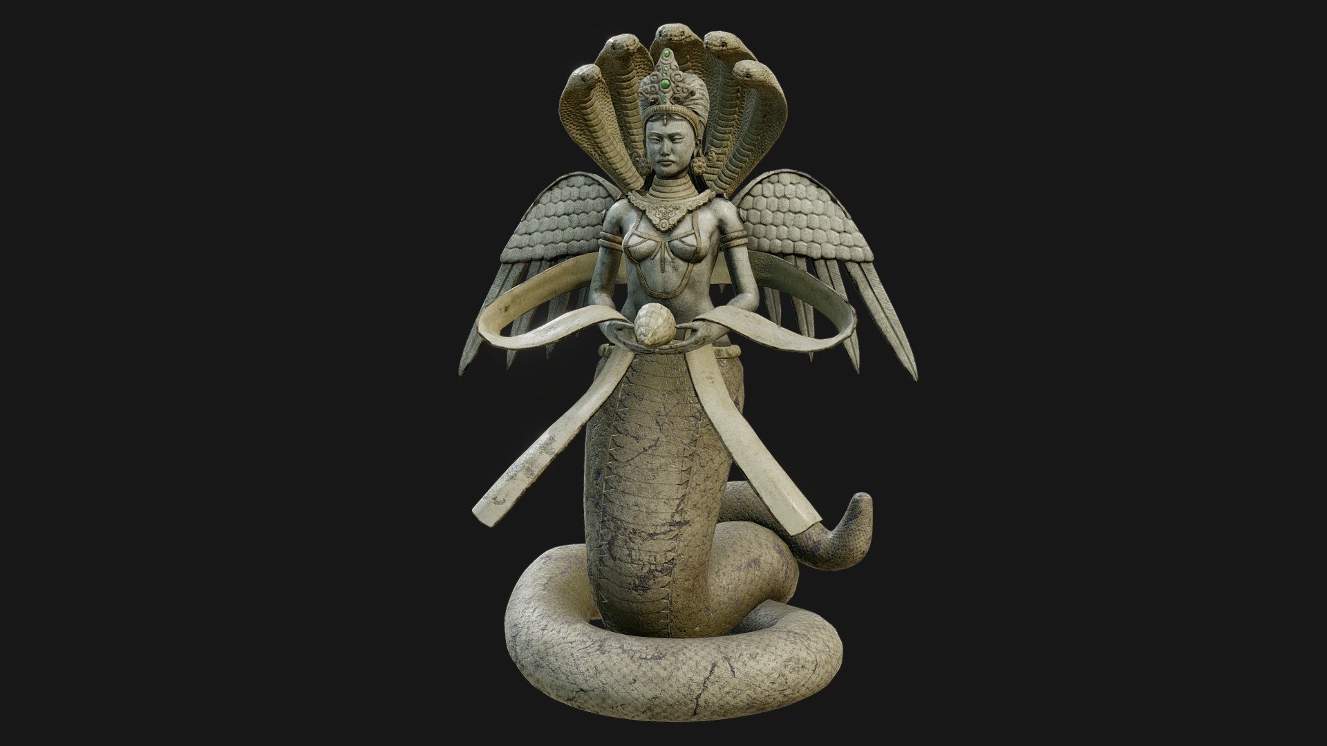 Naga Statue. Game-ready asset made for Samsara project with Infinity27's team. Sculpted in Zbrush, retopo and UVs with Maya, Substance Painter for textures and placed in Unreal engine.  I'm very greatfull for the help I've got and it was a pleasant experience! - Naga Statue - 3D model by Javier Carrillo (@Javieruh) 3d model
