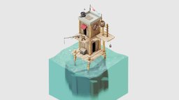 Shack on the Water cube, fish, uv, happy, glossy, quick, survival, bright, water, nature, portion, isometric, homemade, angle, lighting, game, photoshop, blender, art, wood, stylized, abstract, rock, textured, simple, sea, basic