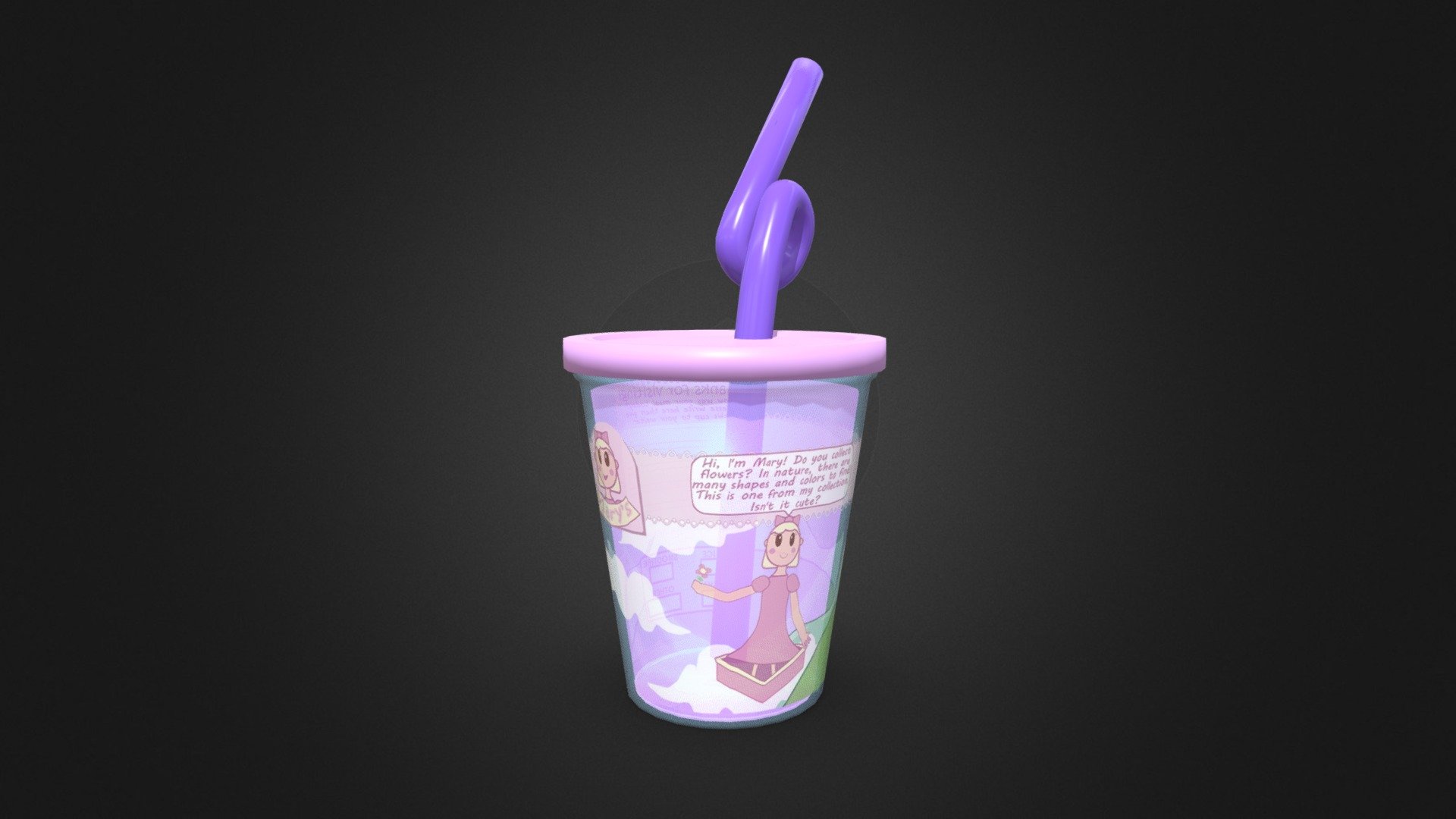 Like some real restaurants, Mary's has a special, smaller, and overall cuter cup meant for younger kids to drink from. As with real kid's cups, it has the plain but assumed-sturdy lid with an off-center, crazy straw that forms a loop before it reaches the user's mouth.

Though this is a 3D model meant for Project Magical Mary (Roblox), this is the higher-quality, original version; The version used in the experience has simplified geometry around the cup's curves, and the straw is more jagged.

Like in real life, you'll be able to get this cup regardless of your character's age, but it will be less effective if you're not a kid or toddler 3d model