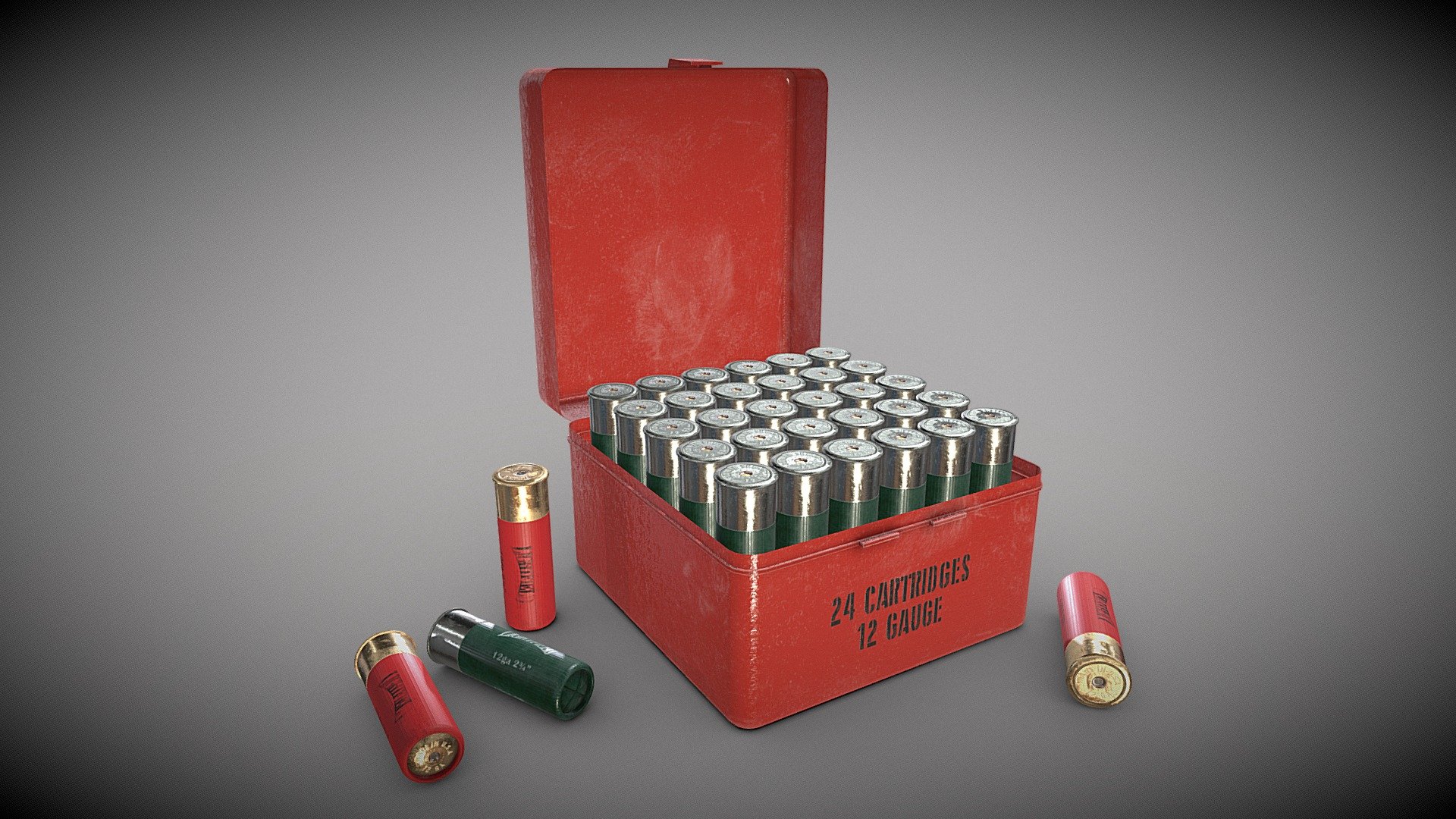 24 Gauge shotgun shells.  Really useful prop for any environment.  

Two different styles of ammo and you can close/open the box. 

PBR textures @4k - Shotgun shells and box - Buy Royalty Free 3D model by Sousinho 3d model