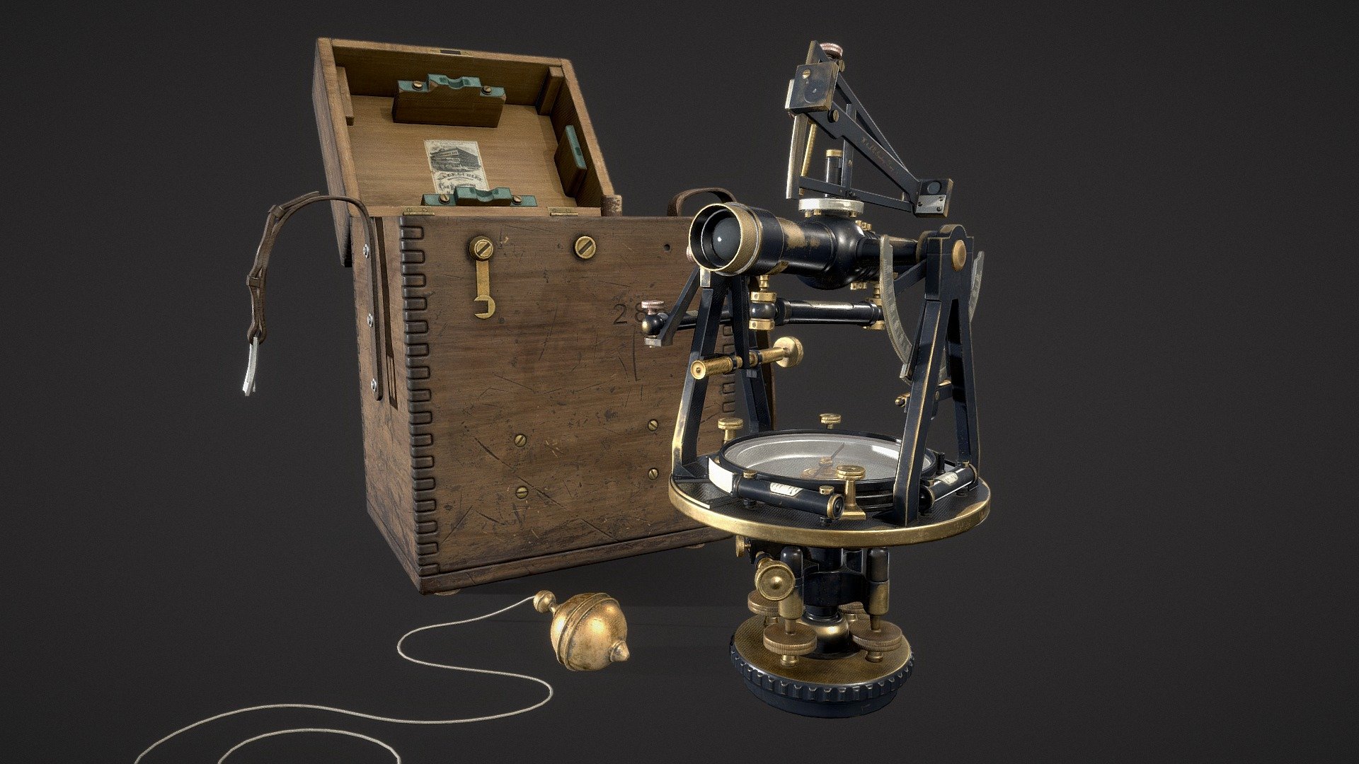 My graduation work for XYZ School. 
Without description, just look at this beautiful theodolite :)

Based on The Gurley Light Mountain Solar Transit 
Link to see more on compleatsurveyor

Modeled in Blender, baked in Marmoset, textures in Substance painter
Work on ArtStation https://www.artstation.com/artwork/v2y3GA - Gurley Burt Solar Transit - Circa 1907 - Download Free 3D model by nika.tendetnik (@n.tendetnik) 3d model