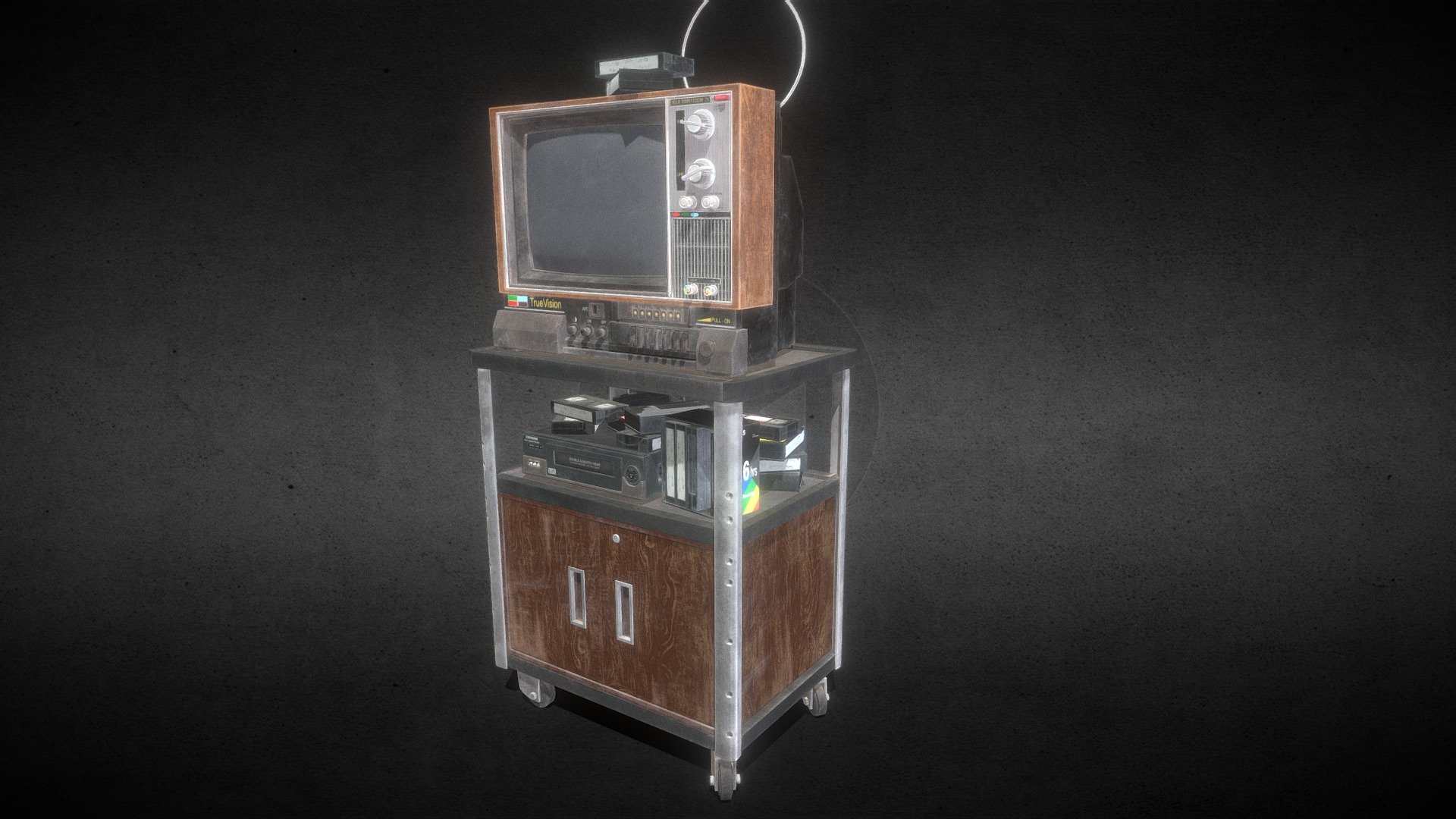 A Old TV set with a vhs and a trolley ready for a game engine I included the OBJ, FBX, 3DSMAX file and the textures PBR Base color, metallic, AO, Normal map, Opacity, only the trolley and roughness the model has 15,089 tris 26,922 verts 15,444 the textures size are 4096x4096 the format of the textures are png and targa if you need 3d game assets or stl files I can do commission works 3d model