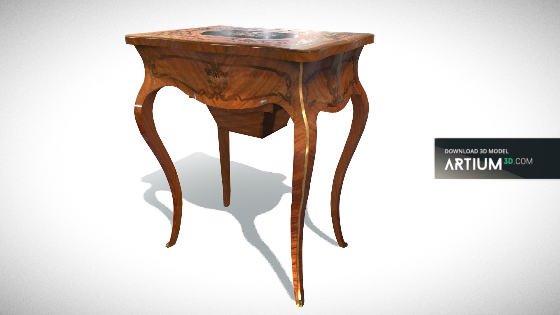 Sewing table of Louis XV style – France, 19. century
flower marqueteried rosewood, brass mounted

size: h-74 x w-58 x d-40 cm

code: SK-046 - Sewing table – France, 19. century - Buy Royalty Free 3D model by ARTIUM3D 3d model