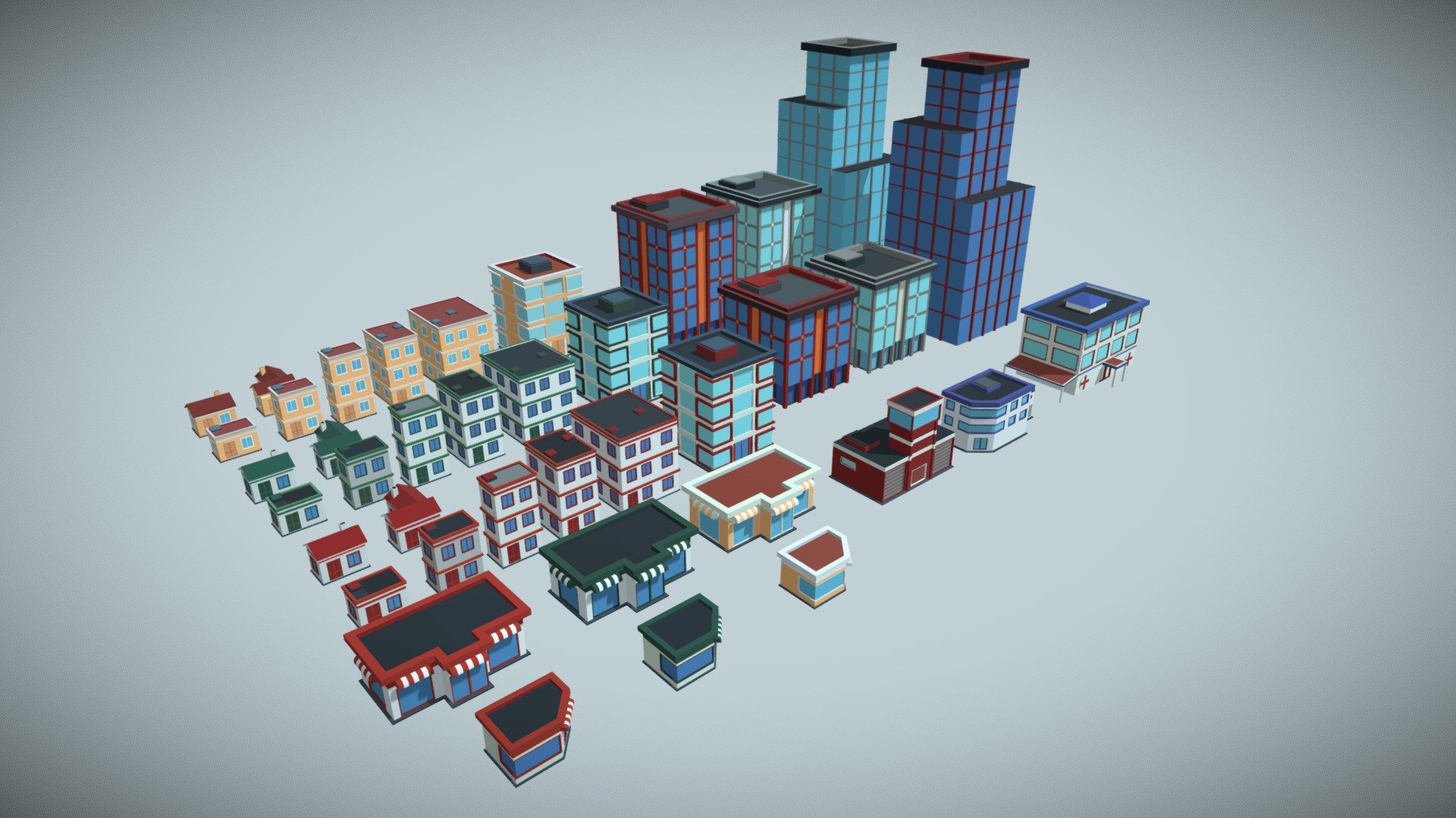 Contains 39 buildings for creating low poly cities.




8 types of small houses with 3 different color wariations (24 in total)

3 types of commercial buildings with 2 different color wariations (6 in total)

2 types of  stores with 3 different color wariations (6 in total)

public service buildings (police station, fire station and hospital)

one color palette 8x8px

created in blender with love ;) - Low poly houses pack - Buy Royalty Free 3D model by RMartstyle 3d model