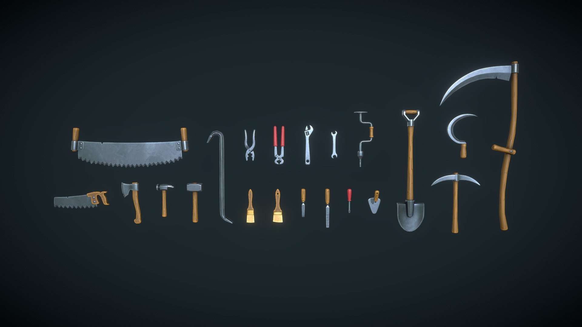 The set includes: an axe, two types of brush, a chisel, a file, two types of wood saws, a crowbar, claw hammer and sledge hammer, pincers, pliers, two types of wrenches, a screwdriver, a drill, a trowel, a shovel, a pickaxe, a sickle and a scythe.

Texture size: 4096x4096 Including maps: Base Color, Roughness, Metalness, Normal

Lowpoly, gameready - Stylized Set: Tools - Buy Royalty Free 3D model by Mamo3D 3d model