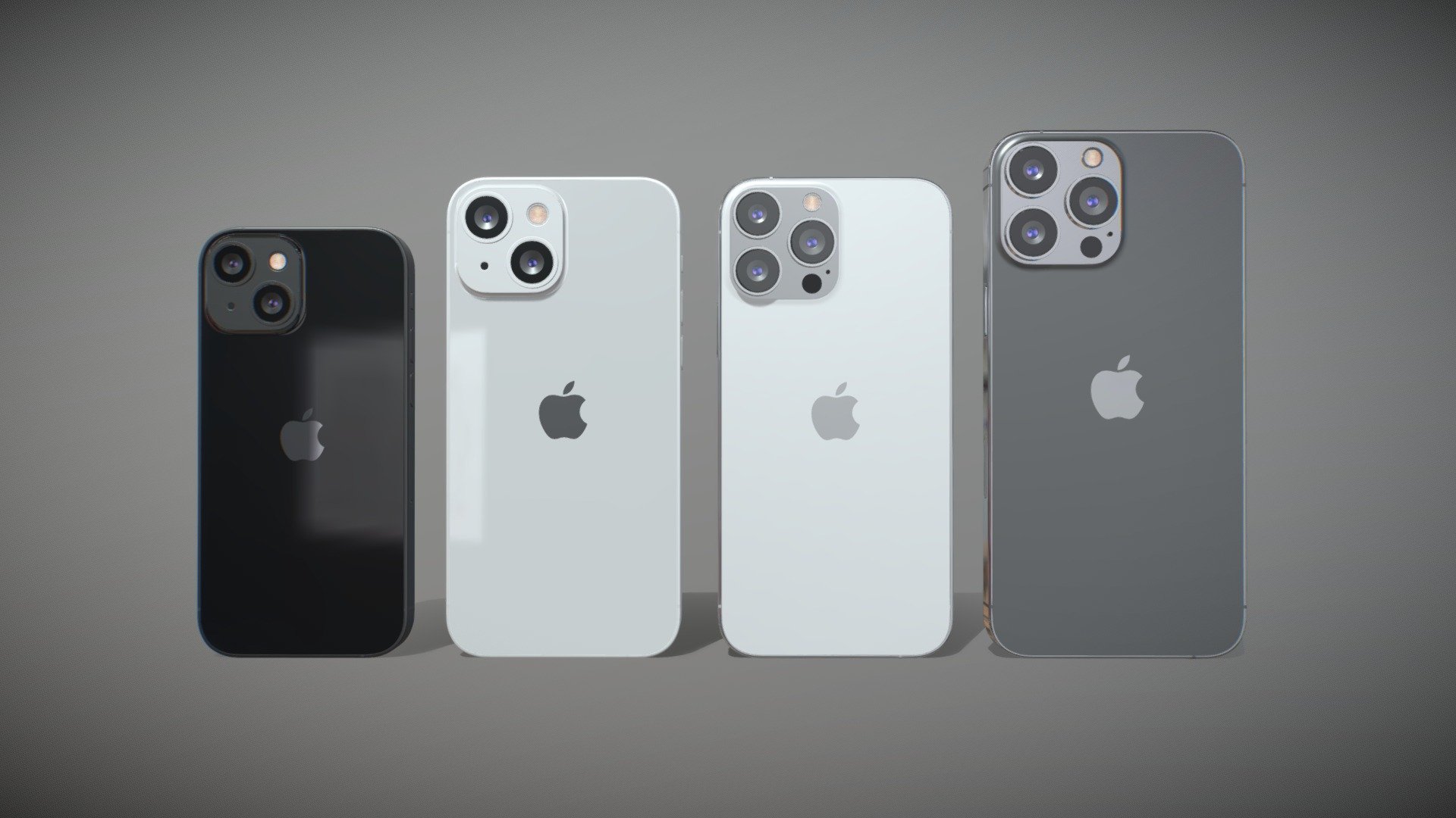 Realistic (copy) 3d model Apple iPhone 13 mini  and 13 and 13 pro and 13 pro MAX.

This set:
- 1 file obj standard
- 1 file 3ds Max 2013 vray material 
- 1 file 3ds Max 2013 corona material
- 4 file of 3Ds
- 4 file e3d full set of materials.
- 4 file cinema 4d standard.
- 4 file blender cycles.

Topology of geometry:
- forms and proportions of The 3D model
- the geometry of the model was created very neatly
- there are no many-sided polygons
- detailed enough for close-up renders
- the model optimized for turbosmooth modifier
- Not collapsed the turbosmooth modified
- apply the Smooth modifier with a parameter to get the desired level of detail

Materials and Textures:
- 3ds max files included Vray-Shaders
- 3ds max files included Corona-Shaders
- all texture paths are cleared

Organization of scene:
- to all objects and materials
- real world size (system units - mm)
- coordinates of location of the model in space (x0, y0, z0)
- does not contain extraneous or hidden objects (lights, cameras, shapes etc.) - iPhone 13 mini and 13 and 13 pro and 13 pro MAX - Buy Royalty Free 3D model by madMIX 3d model