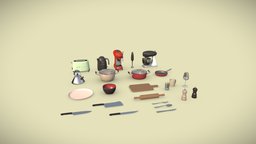 Kitchen Items Pack teapot, objects, assets, coffee, plate, bowl, toaster, pack, chef, fork, pan, spoon, kettle, mixer, kitchen, cooking, coffecup, items, pepper, wineglass, kitchenware, smeg, salt, cuttingboard, cookware, kitchenknife, kitchen-set, chefsknife, coffeemachine, knife, glass, blender, model, meatcleaver, boningknife, rollingpin