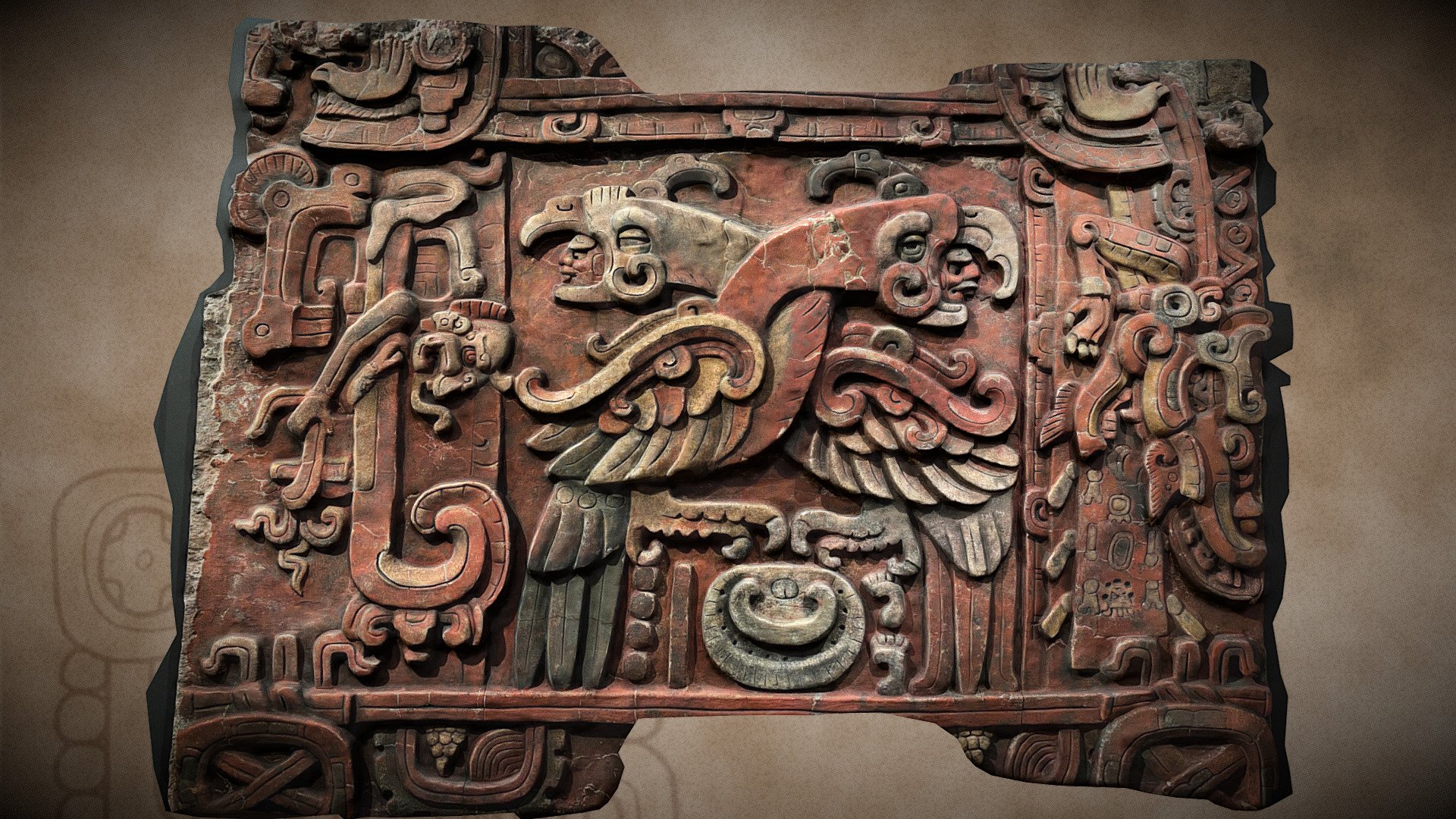 K’inich Yax K’uk’ Mo’(Resplandeciente Quetzal Guacamaya) (?-ca. 437 d.C.) Copán, Honduras 

El nombre del fundador de la dinastía de Copán está representado mediante una cara solar (k’inich), que está en el pico de ambas aves; el glifo de color verde resplandeciente (yax), encima de los cuellos de cada ave; el pico, los ojos y la cresta del ave de la izquierda indican que se trata de un quetzal (k’uk’); y el pico y las plumas de colores rojo, amarillo y azul indican que el ave de la derecha es una guacamaya (mo’). Fachada de la Estructura Margarita. Copán, Honduras. 

mas info William L. Fash

modelo tridimensional: Massimo Stefani (sastun@hotmail.it)

Foto de Fb

(replica hecha en el 2012) - CPN - Panel Estr. Margarita. Copán, Honduras - 3D model by Archeografica_3D (@sastun1962) 3d model