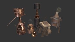 Alchemical Set cube, stool, medieval, laboratory, painting, books, equipment, collection, furniture, ladle, stove, old, copper, alchemy, crockery, crock, book