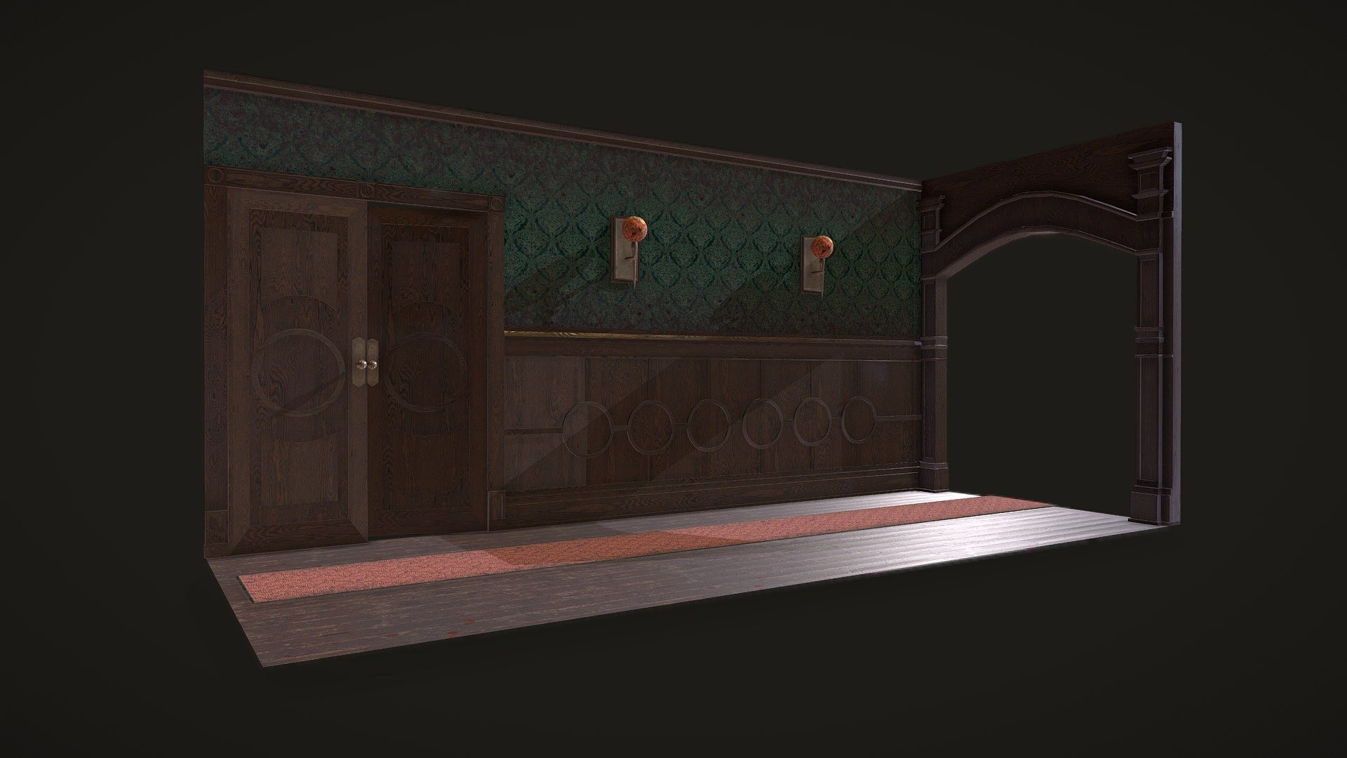Low-poly model of an old, aged Victorian house hallway with wood trim and brass fixtures. Built using Maya 2024 and textured with a trim sheet 3d model