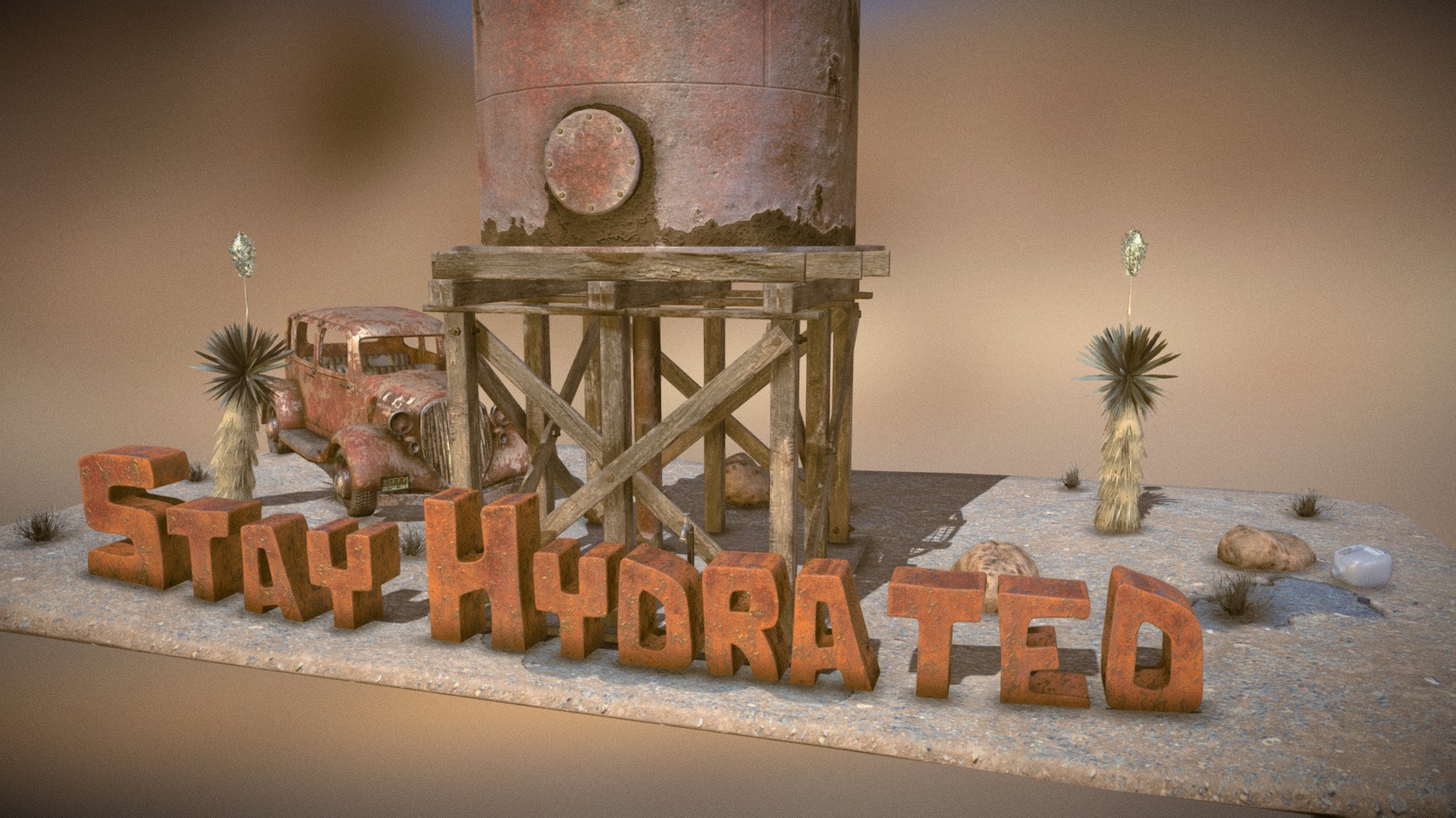 Stay Hydrated is my VR game project for Oculus Launchpad. It focuses around exploring and finding water in the desert. I made this little scene to promote it as well as try sketchfab's new clearcoat feature for the water and on the car! Modeled in Blender, textured in Substance Painter 3d model