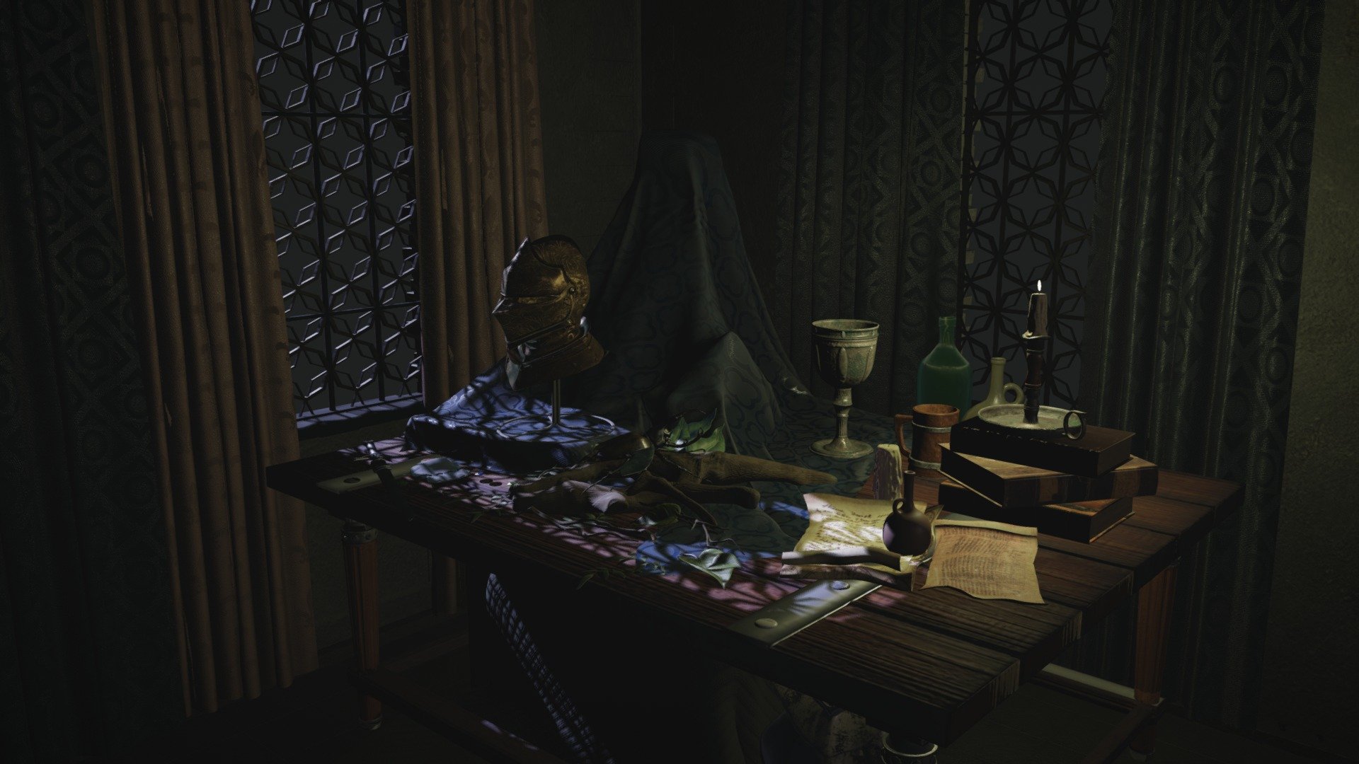 What is the first thing that you see on the table? What would you take? Midnight light hides some things and reveals another.

This scene is is compilation of the models and assets that were created for various projects. All assets are self-made except for the pouch and table legs and one of the curtains. 
Credits to Subtance libraryand freepik.com for their help in pushing the still life 3d model