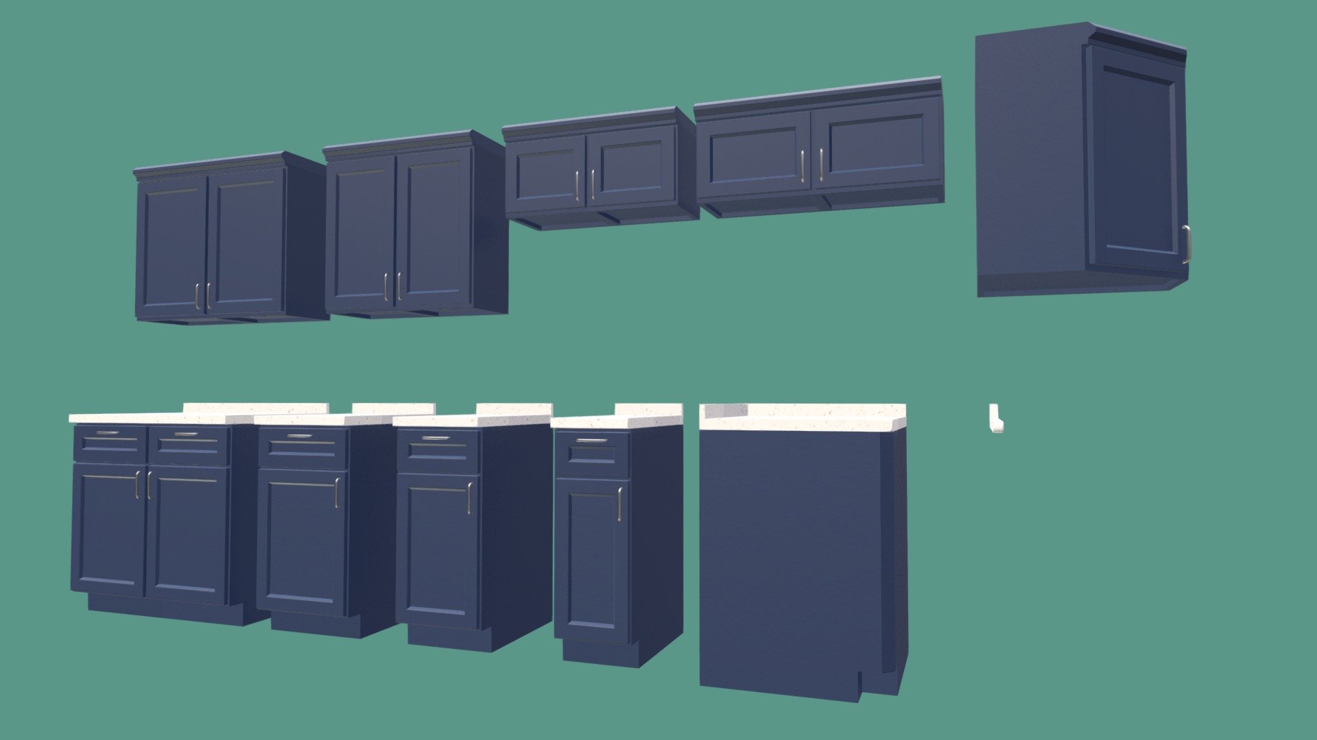 Accurate to life scale kitchen cabinet set. Includes multiple accurate sizes, corner pieces, countertop end cap. It is reccommended to redo the UVs for the countertops once they are in place if using a different texture than the included one to avoid seams. Includes Blender file and FBX 3d model